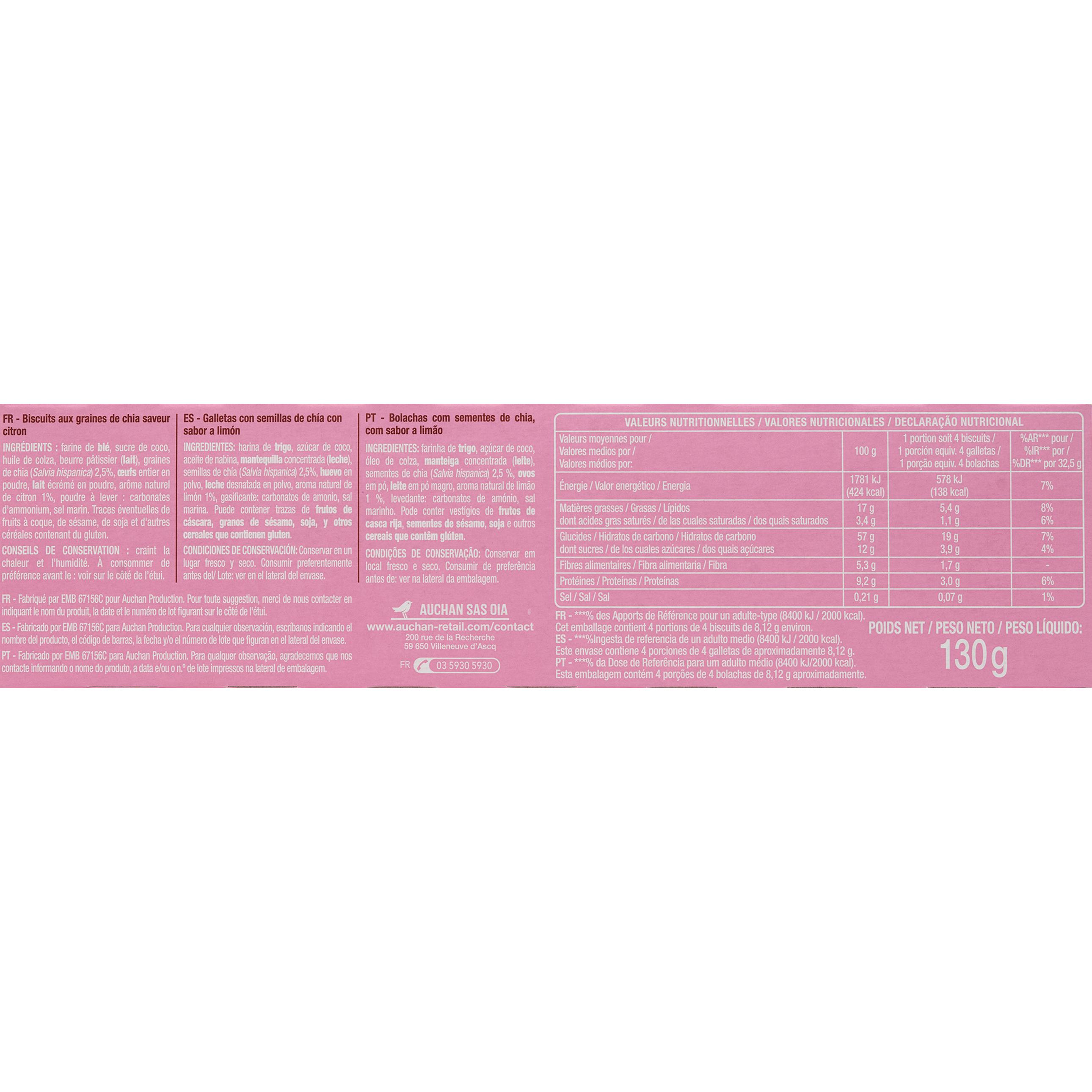 Voir la diapositive 5 : AUCHAN LESS SUGAR Biscuits graines de chia saveur citron sachets fraîcheur 4x4 biscuits 130g