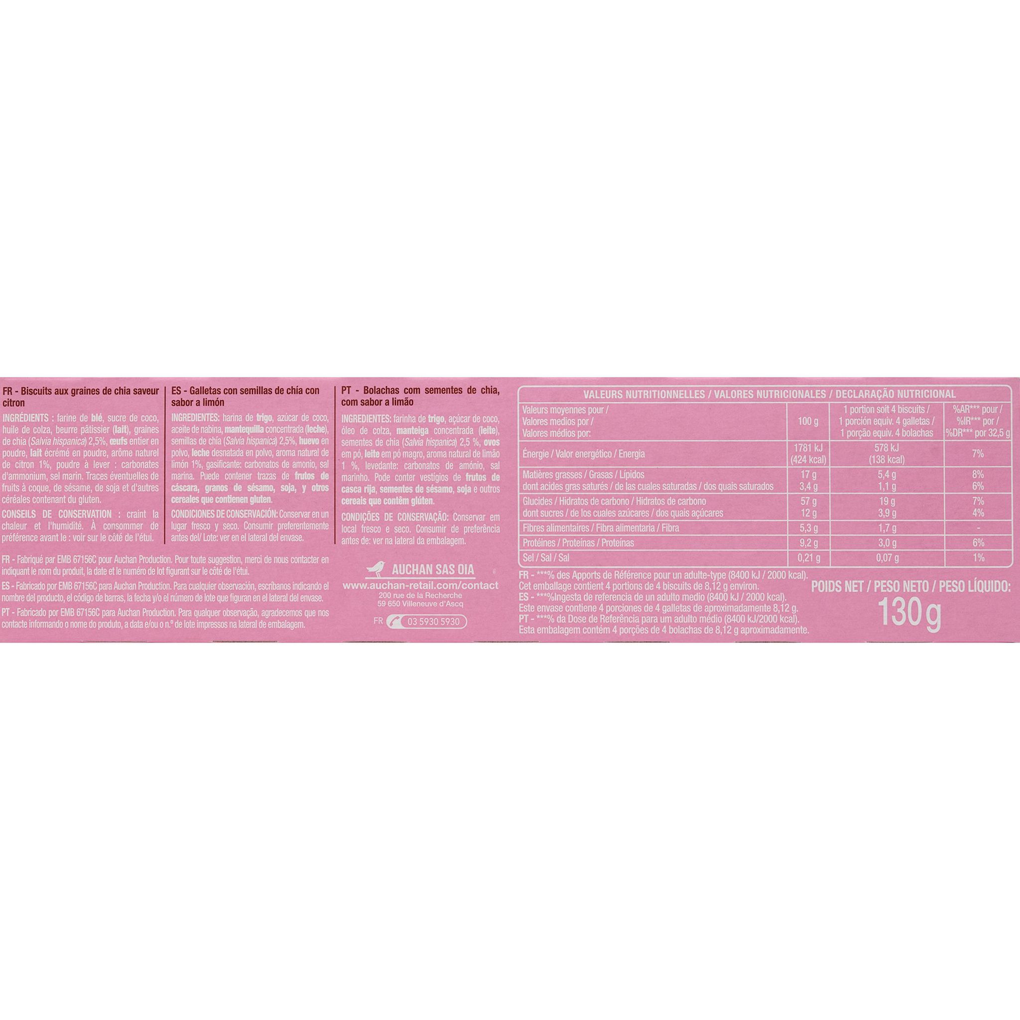 Voir la diapositive 5 : AUCHAN LESS SUGAR Biscuits graines de chia saveur citron sachets fraîcheur 4x4 biscuits 130g