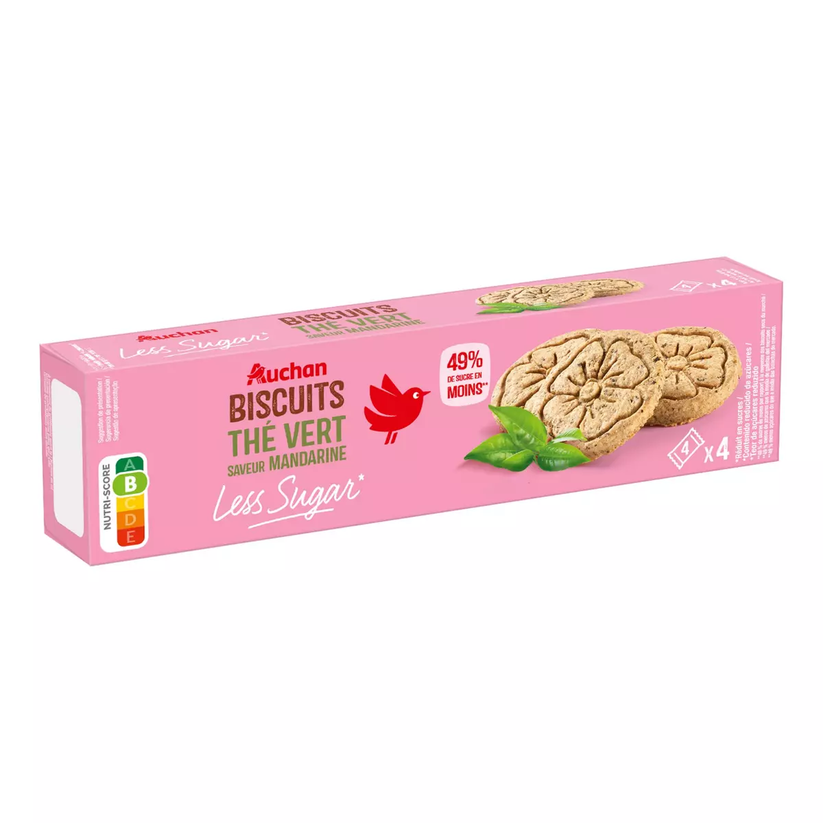 AUCHAN Less Sugar biscuits thé vert saveur mandarine 4x4 pièces 130g