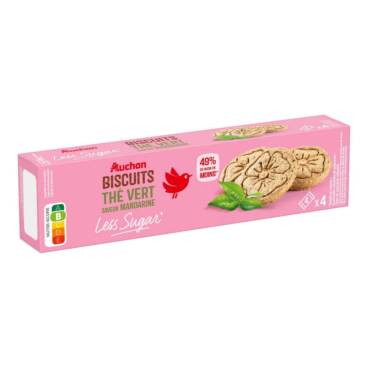 AUCHAN LESS SUGAR Biscuits thé vert saveur mandarine sachets fraîcheur 4x4 biscuits 130g