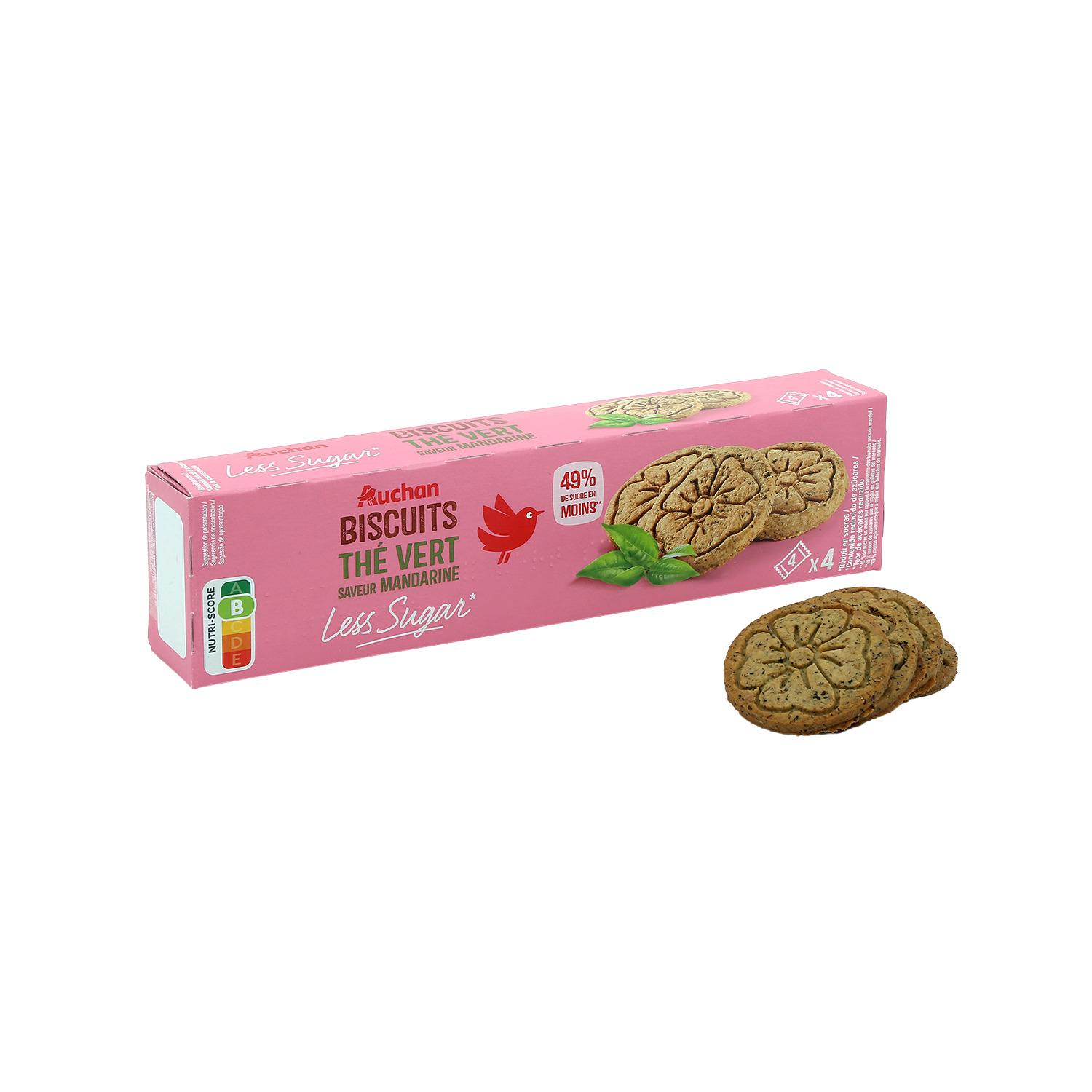 Voir la diapositive 3 : AUCHAN LESS SUGAR Biscuits thé vert saveur mandarine sachets fraîcheur 4x4 biscuits 130g