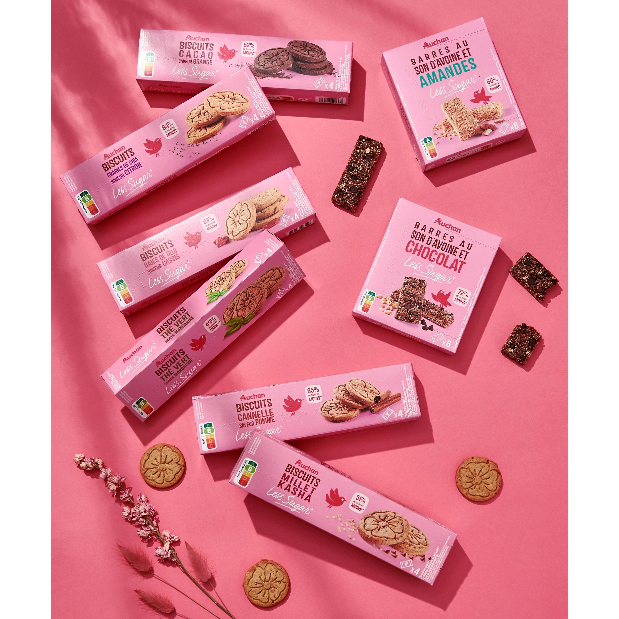 Voir la diapositive 2 : AUCHAN LESS SUGAR Biscuits baies de goji saveur cassis 4x4 pièces 130g