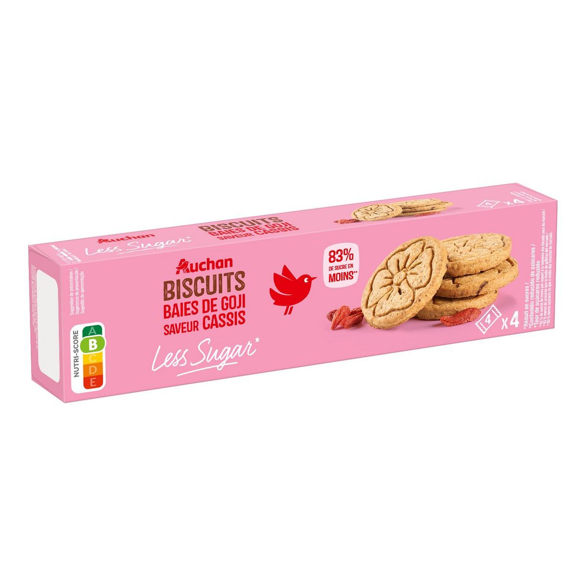 AUCHAN LESS SUGAR Biscuits baies de goji saveur cassis 4x4 pièces 130g