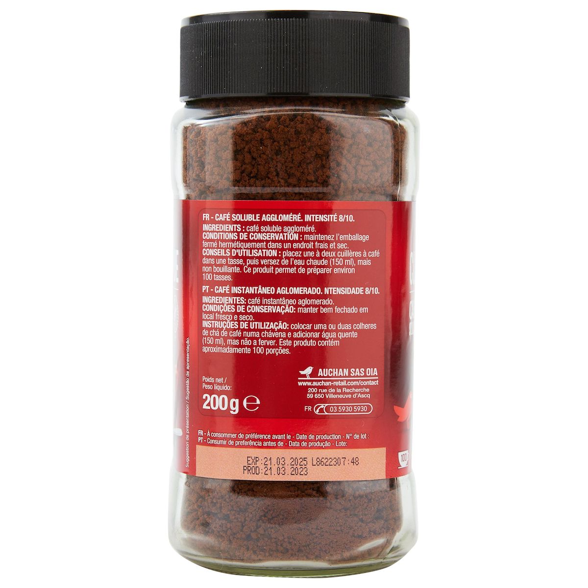 AUCHAN Café soluble classico intensité 8 100 tasses 200g