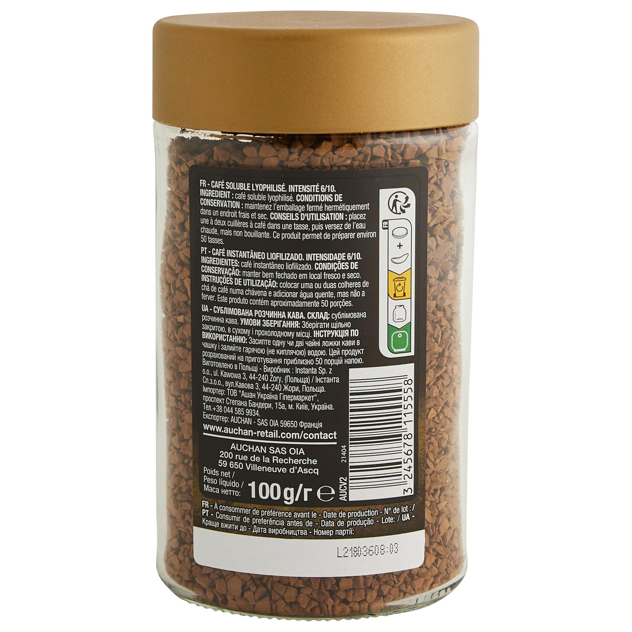 Voir la diapositive 2 : AUCHAN Gold Intenso café soluble lyophilisé 50 tasses 100g