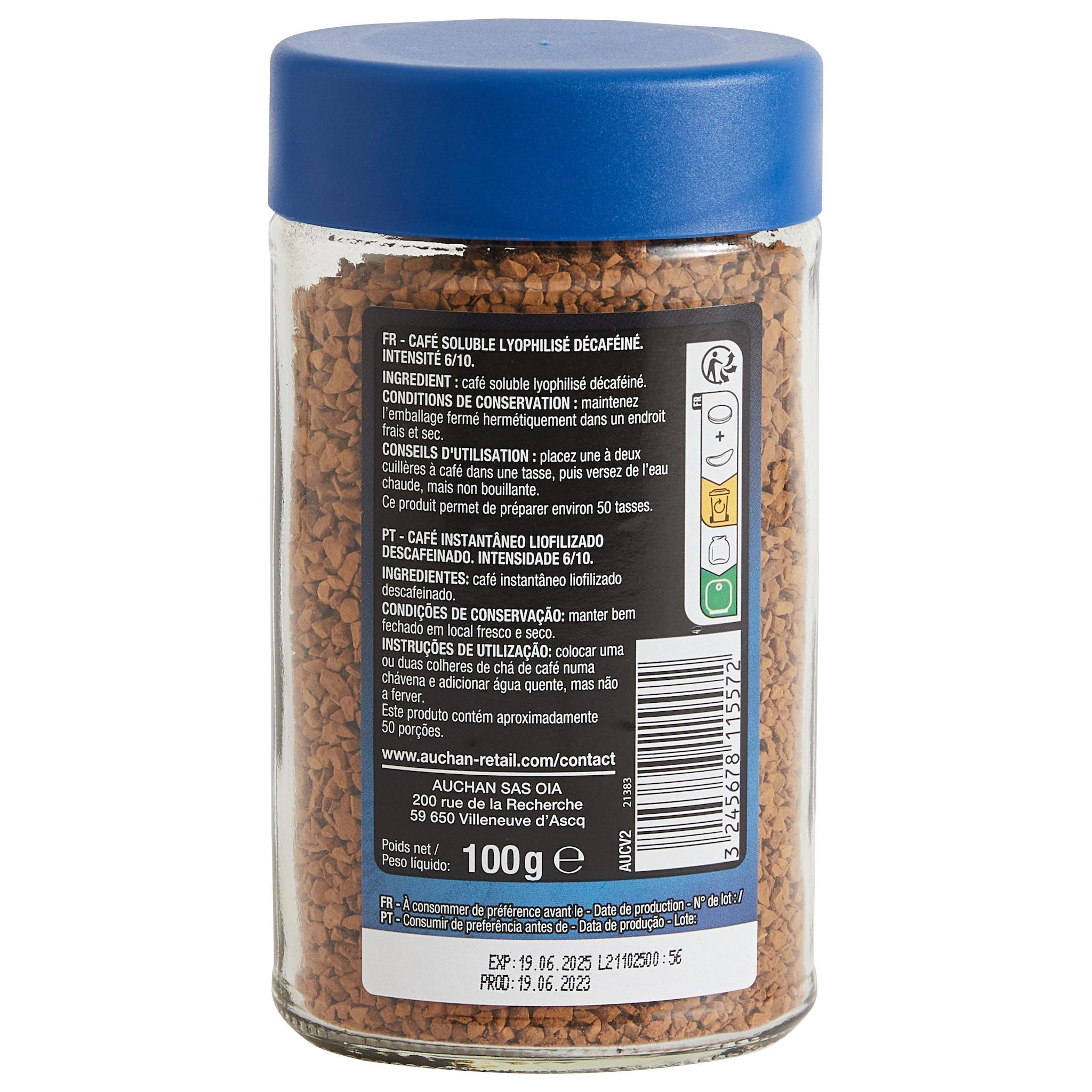 Voir la diapositive 2 : AUCHAN Café soluble intense décaféiné intensité 6 50 tasses 100g
