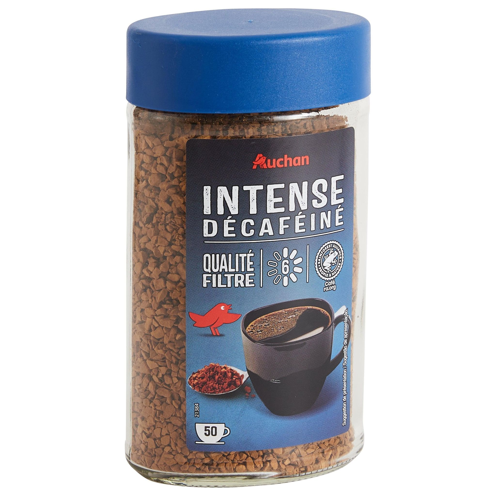 Voir la diapositive 3 : AUCHAN Café soluble intense décaféiné intensité 6 50 tasses 100g