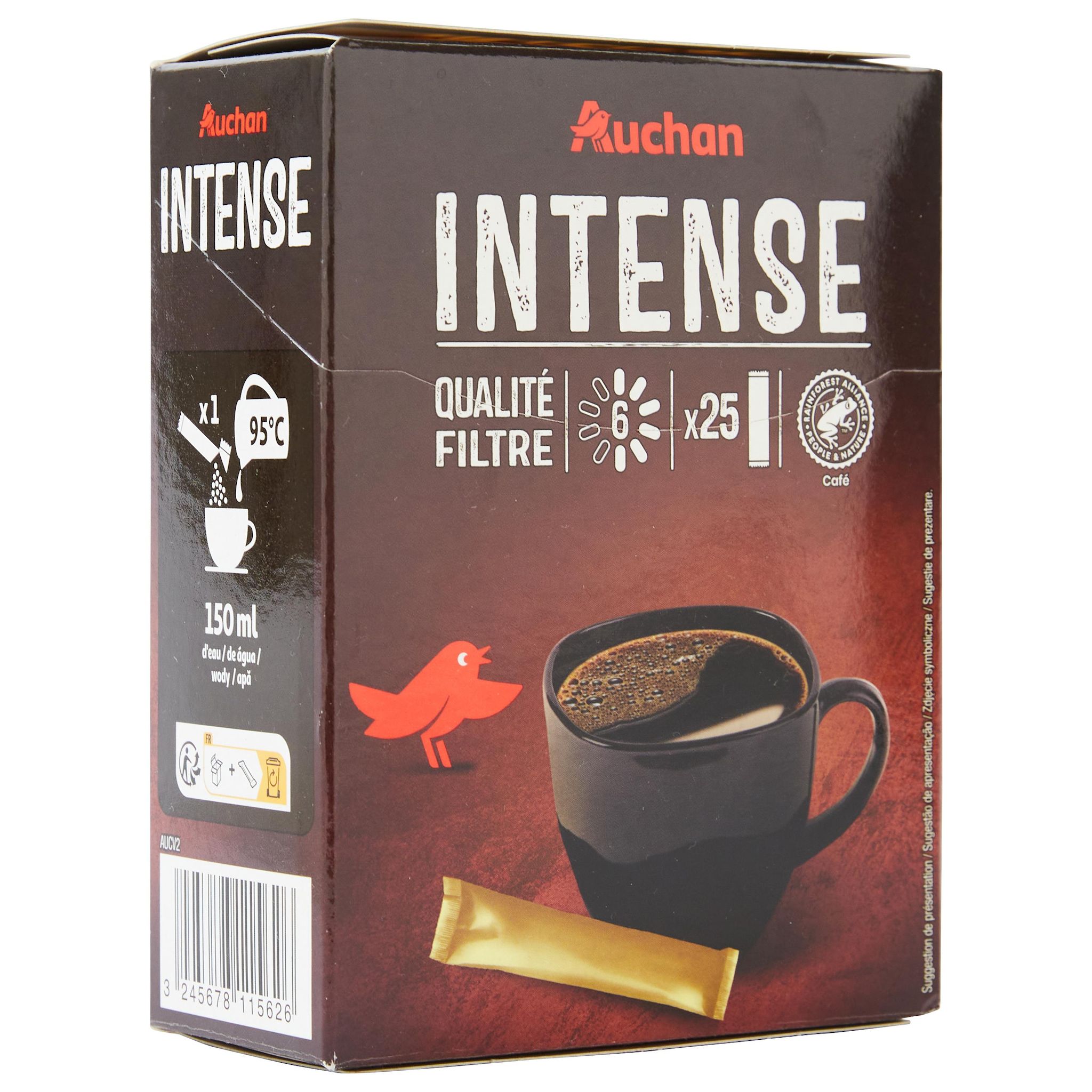 Voir la diapositive 2 : AUCHAN Café soluble qualité filtre en stick intensité 6 25 sticks 50g