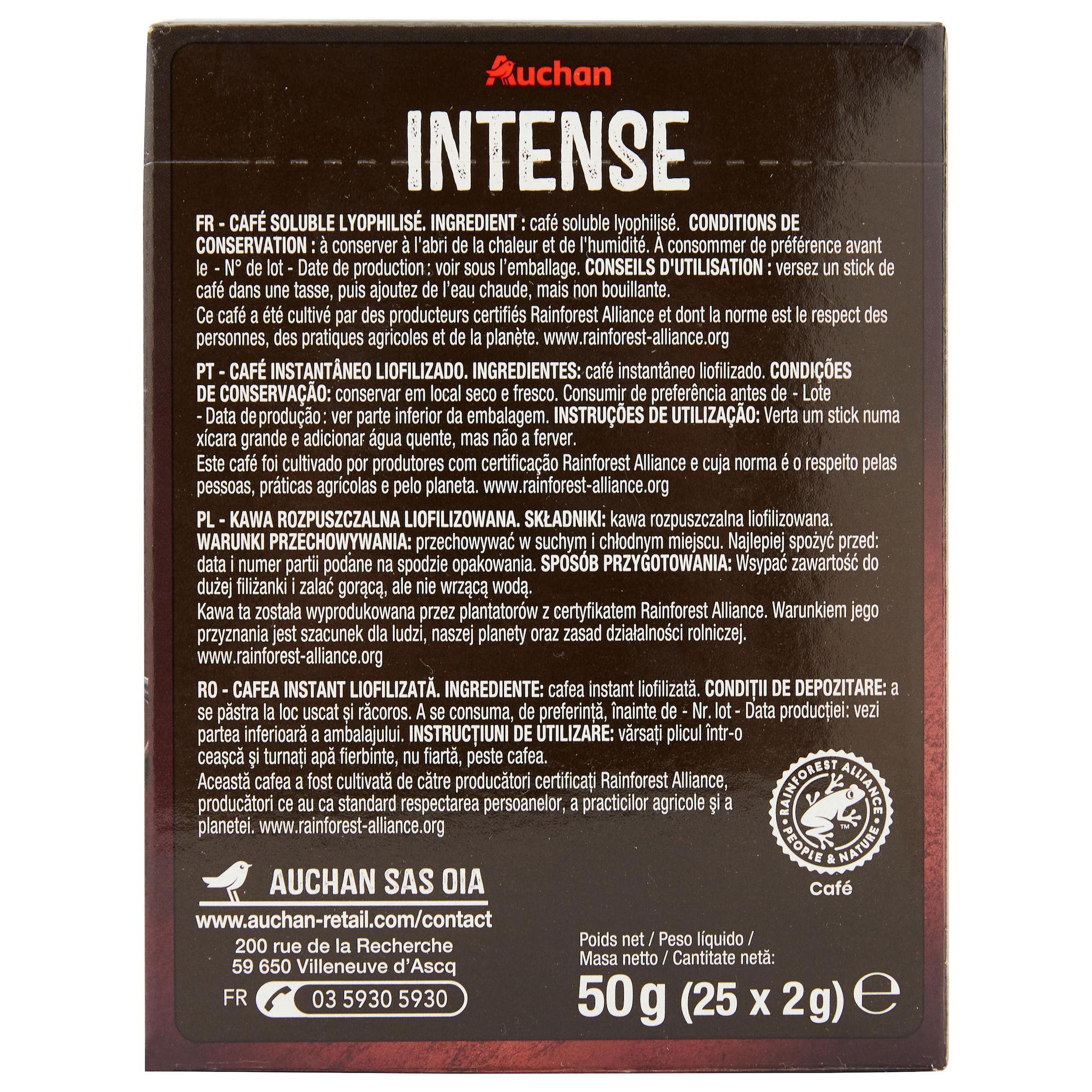 Voir la diapositive 3 : AUCHAN Café soluble qualité filtre en stick intensité 6 25 sticks 50g