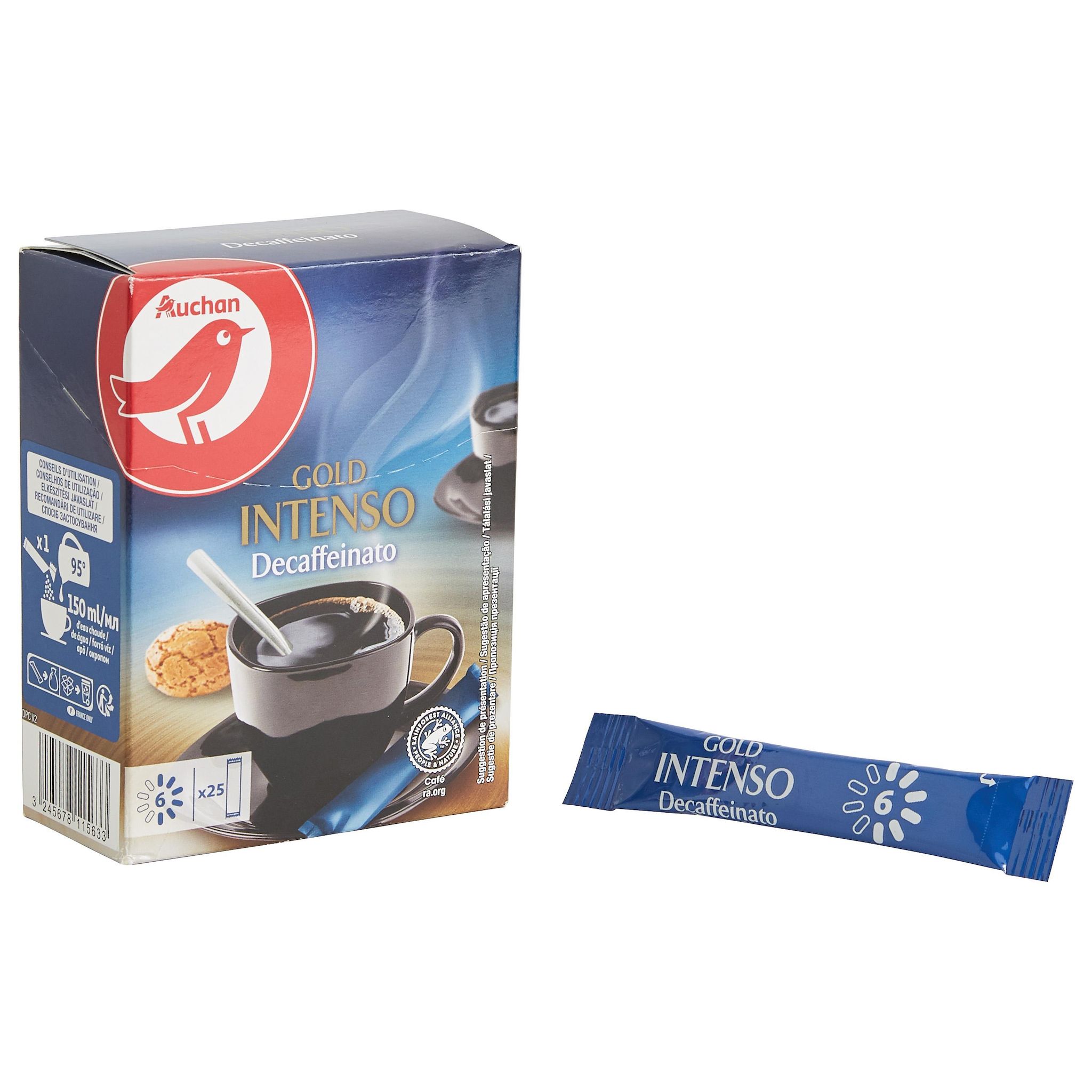 Voir la diapositive 4 : AUCHAN Café soluble lyophilisé décaféiné intensité 6 en sticks 25 sticks 50g