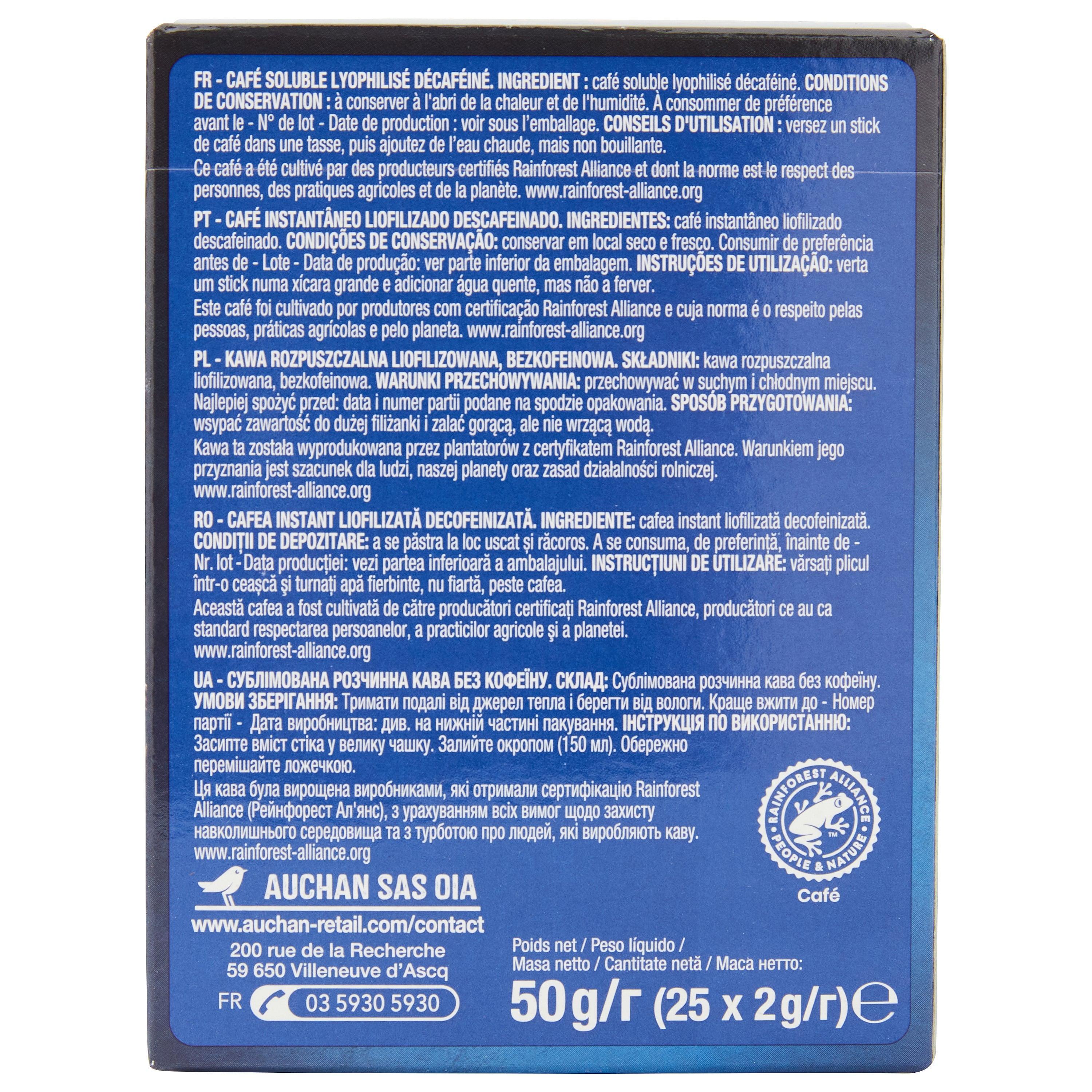 Voir la diapositive 5 : AUCHAN Café soluble lyophilisé décaféiné intensité 6 en sticks 25 sticks 50g