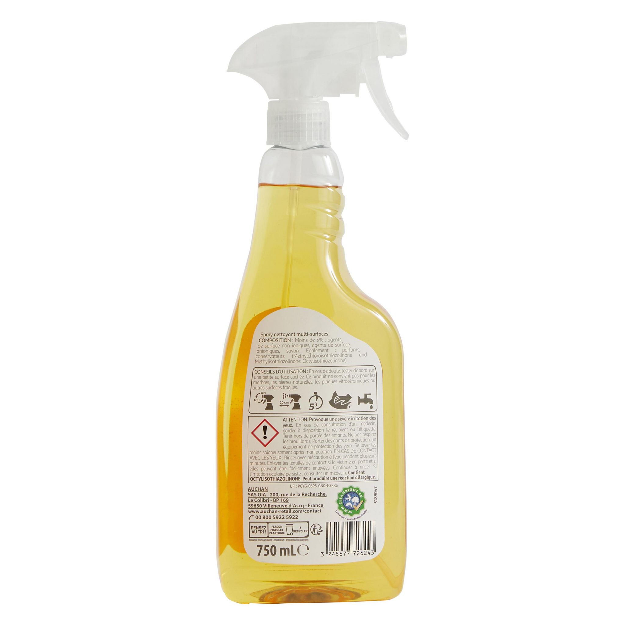 Voir la diapositive 2 : AUCHAN Spray nettoyant multi-surfaces au savon noir 750ml