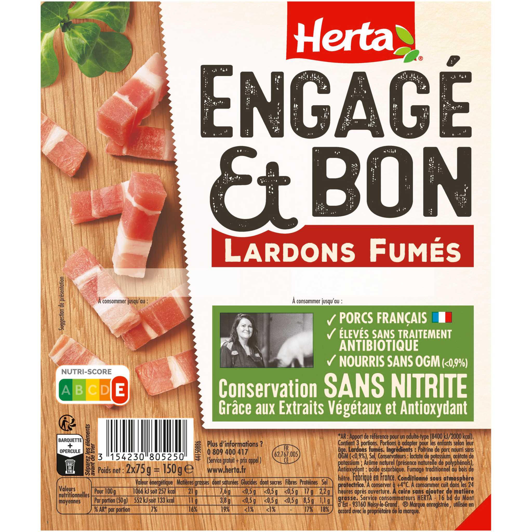 HERTA Engagé et Bon lardons fumés sans nitrite 2x75g pas cher Auchan.fr