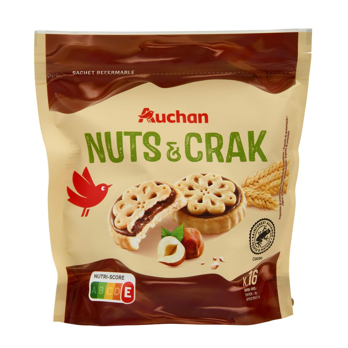 AUCHAN Mon goûter Biscuits fourrés à la pâte à tartiner noisettes environ 16 biscuits 228g