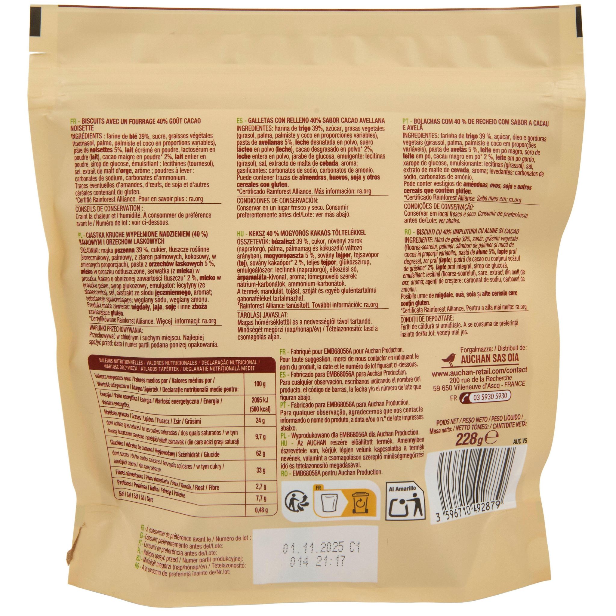 Voir la diapositive 2 : AUCHAN Mon goûter Biscuits fourrés à la pâte à tartiner noisettes environ 16 biscuits 228g