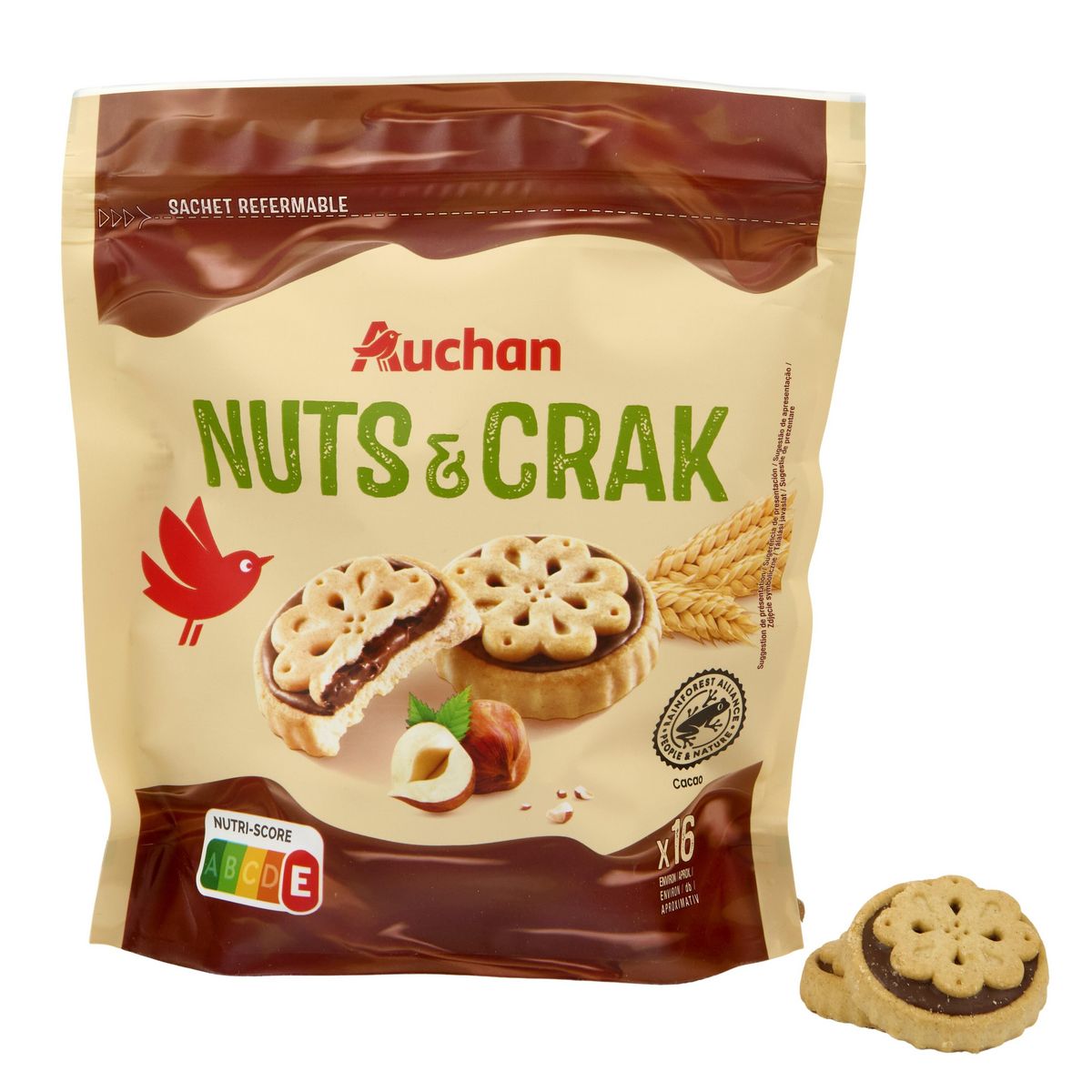 AUCHAN Mon goûter Biscuits fourrés à la pâte à tartiner noisettes environ 16 biscuits 228g
