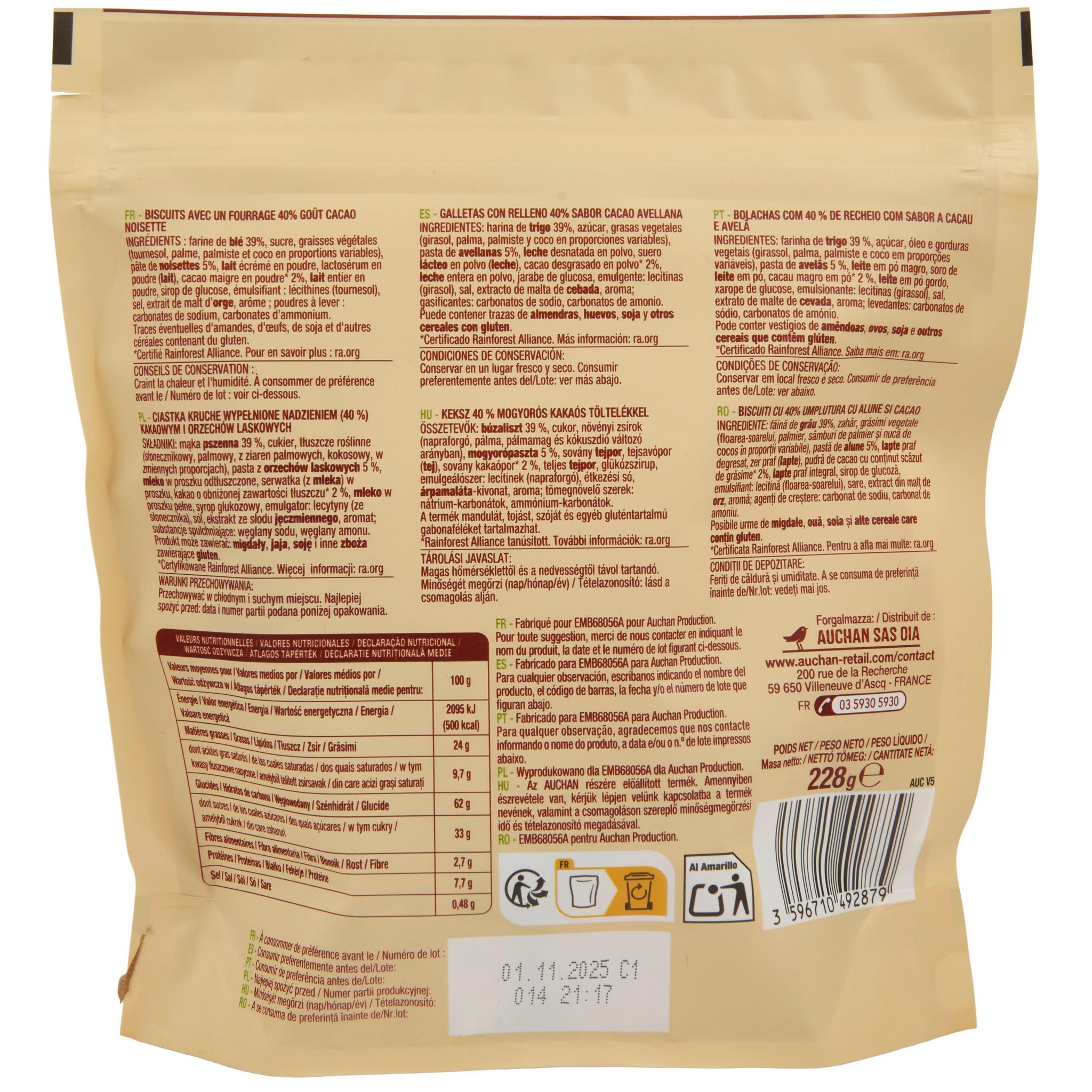 Voir la diapositive 5 : AUCHAN Mon goûter Biscuits fourrés à la pâte à tartiner noisettes environ 16 biscuits 228g