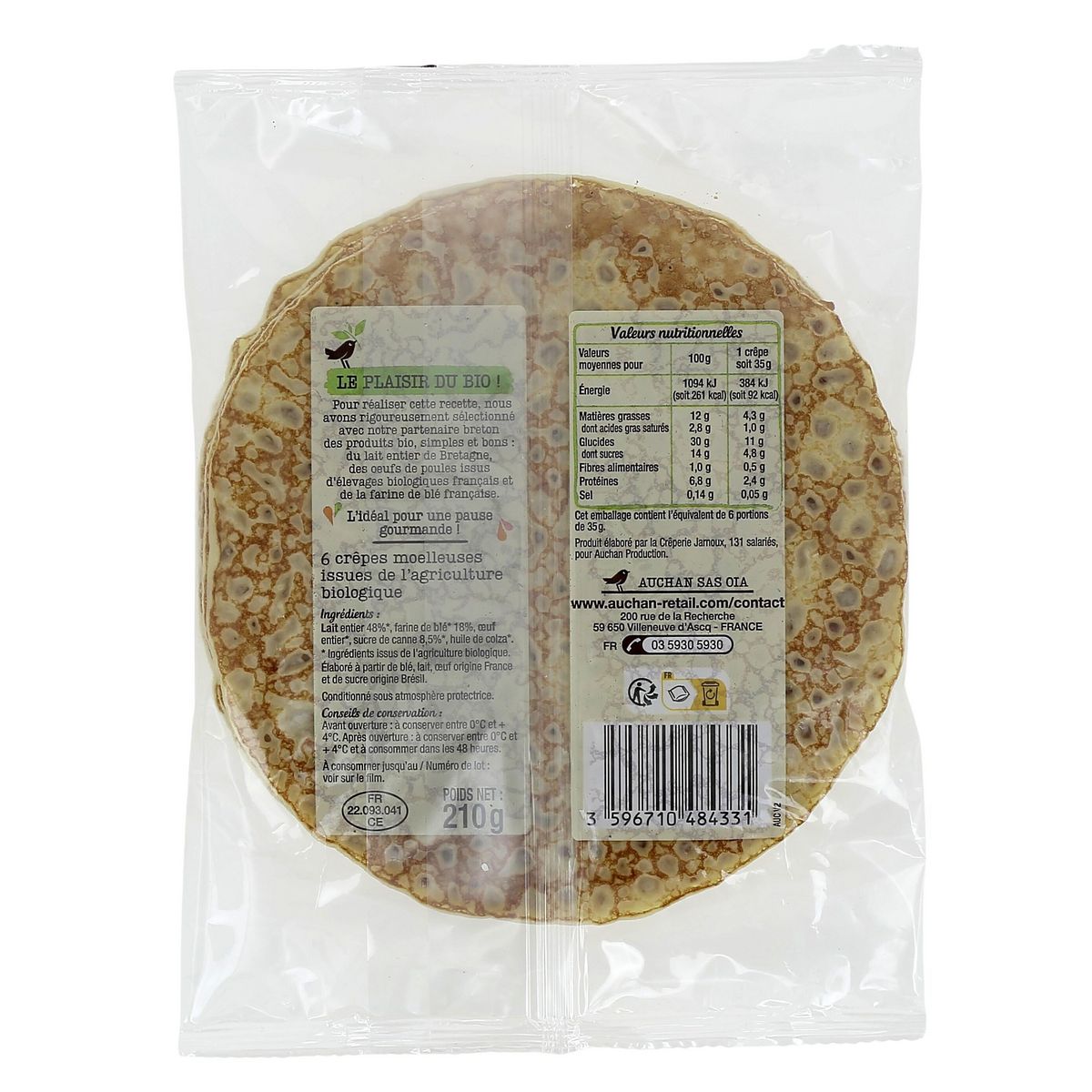 AUCHAN BIO Crêpes moelleuses sucrées 6 pièces 210g