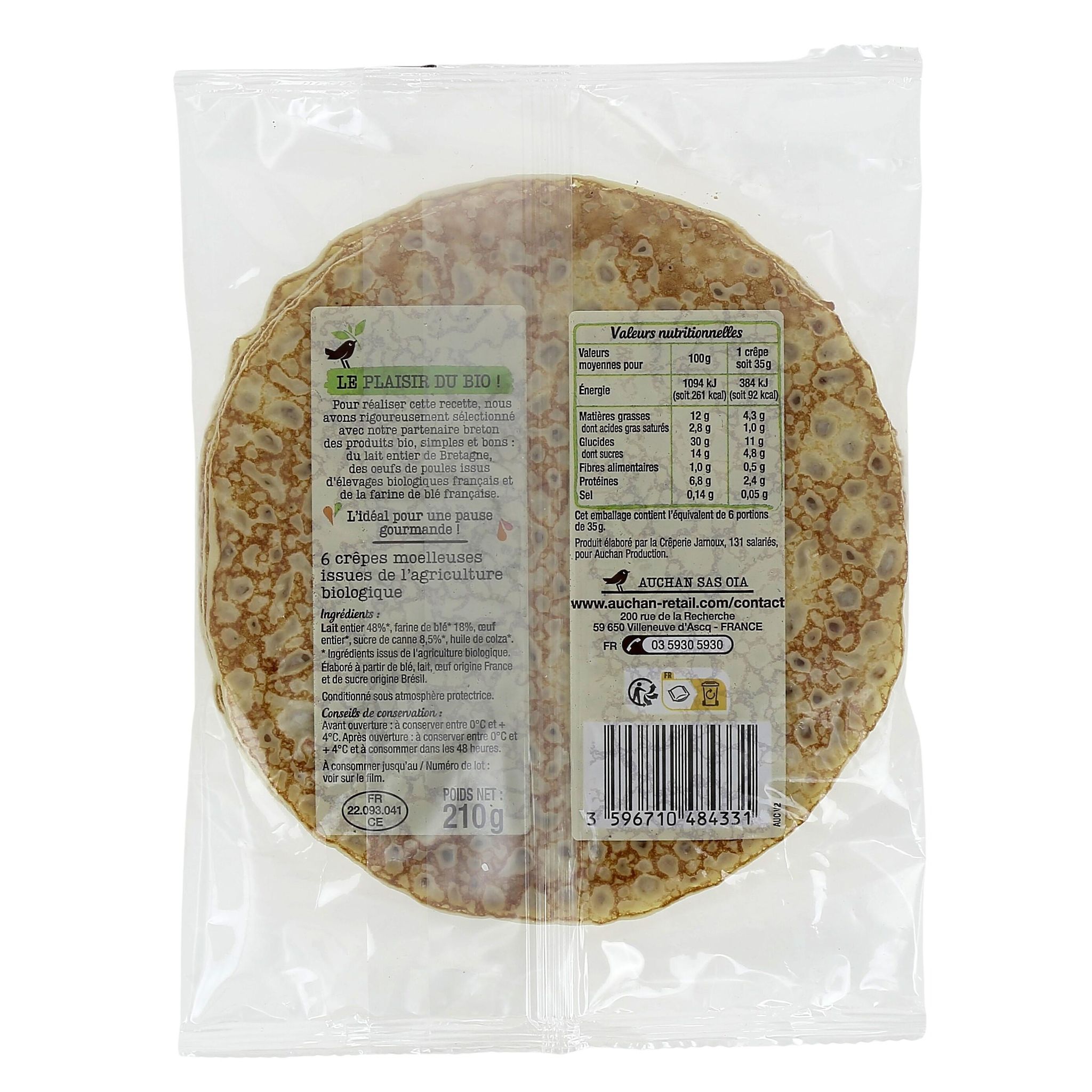 Voir la diapositive 3 : AUCHAN BIO Crêpes moelleuses sucrées 6 pièces 210g