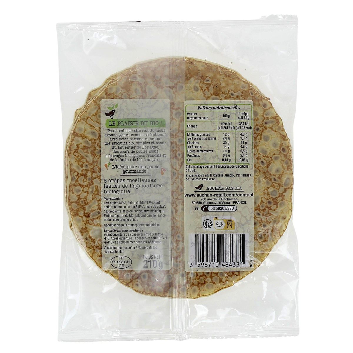 AUCHAN BIO Crêpes moelleuses sucrées 6 pièces 210g