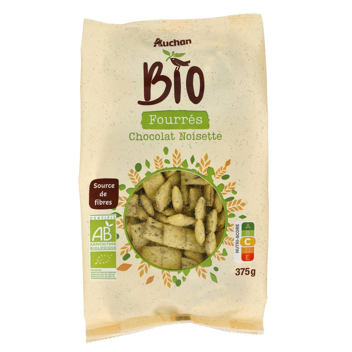 AUCHAN BIO Céréales coussins fourrés chocolat noisette 375g
