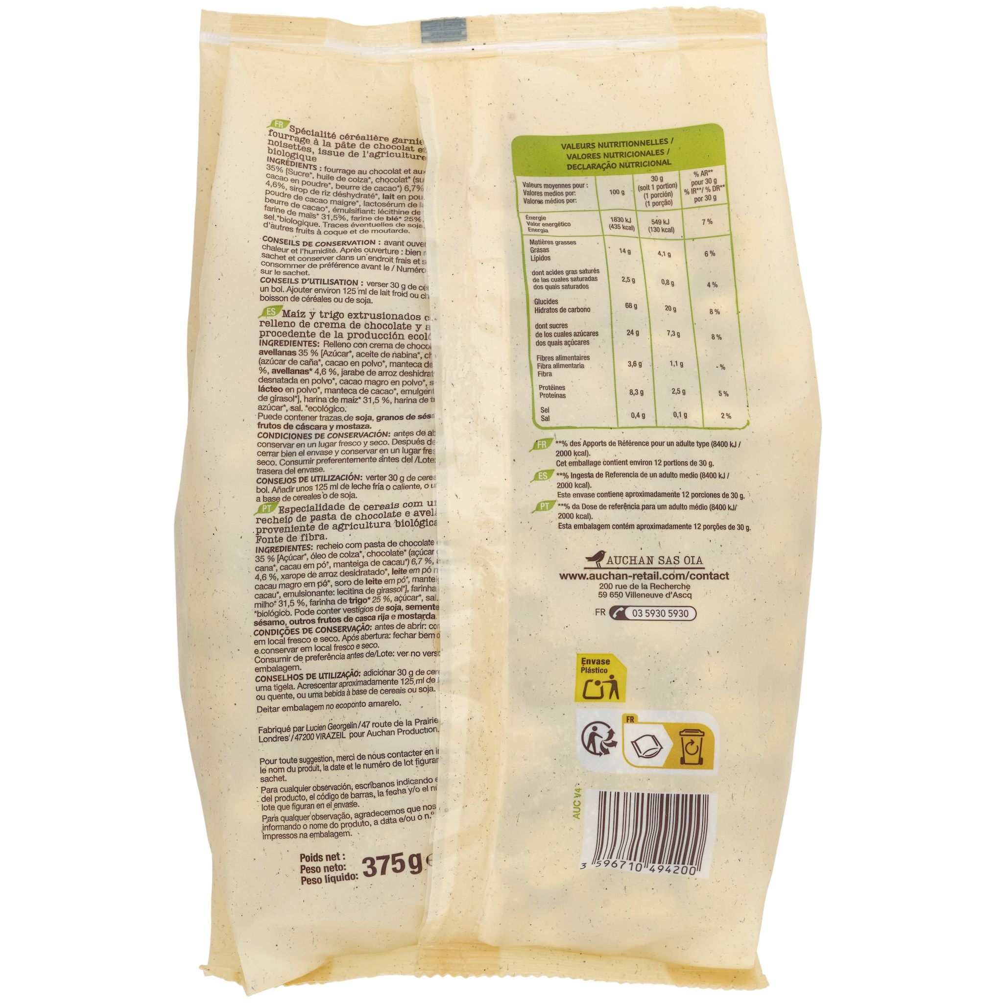 Voir la diapositive 2 : AUCHAN BIO Céréales coussins fourrés chocolat noisette 375g