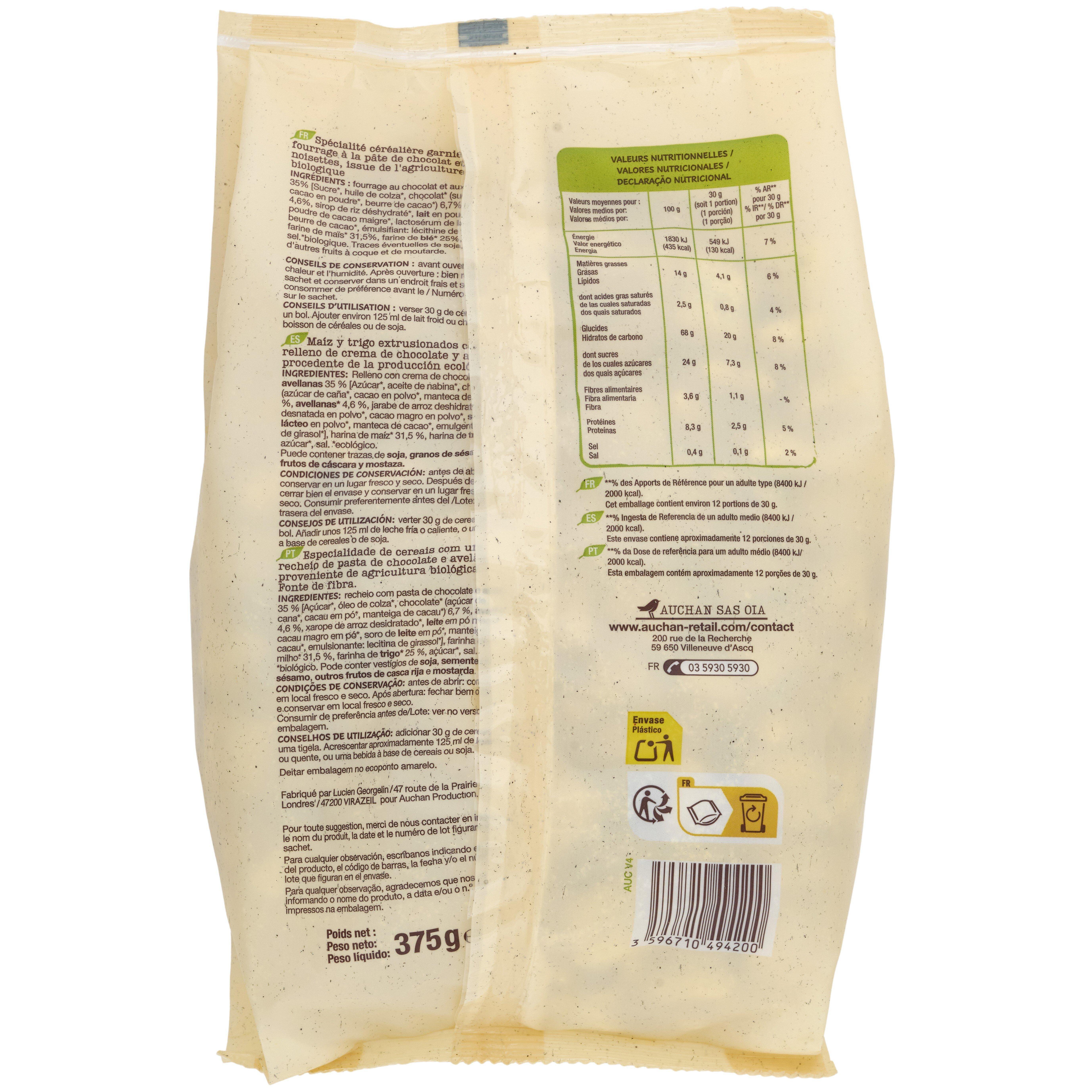 Voir la diapositive 3 : AUCHAN BIO Céréales coussins fourrés chocolat noisette 375g
