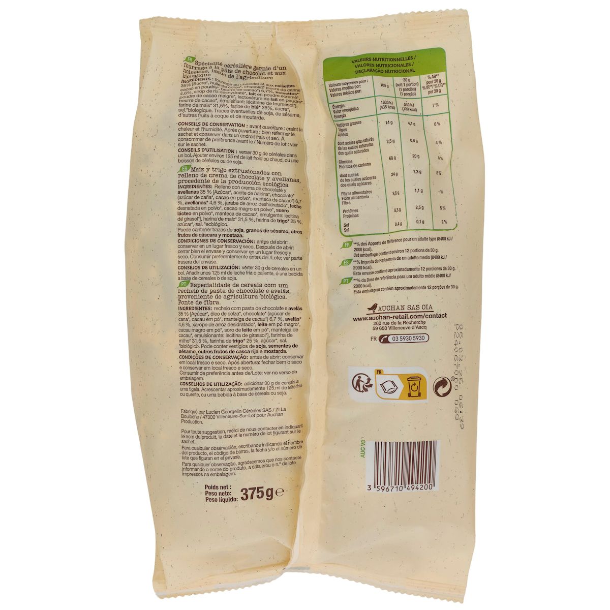 AUCHAN BIO Céréales coussins fourrés chocolat noisette 375g