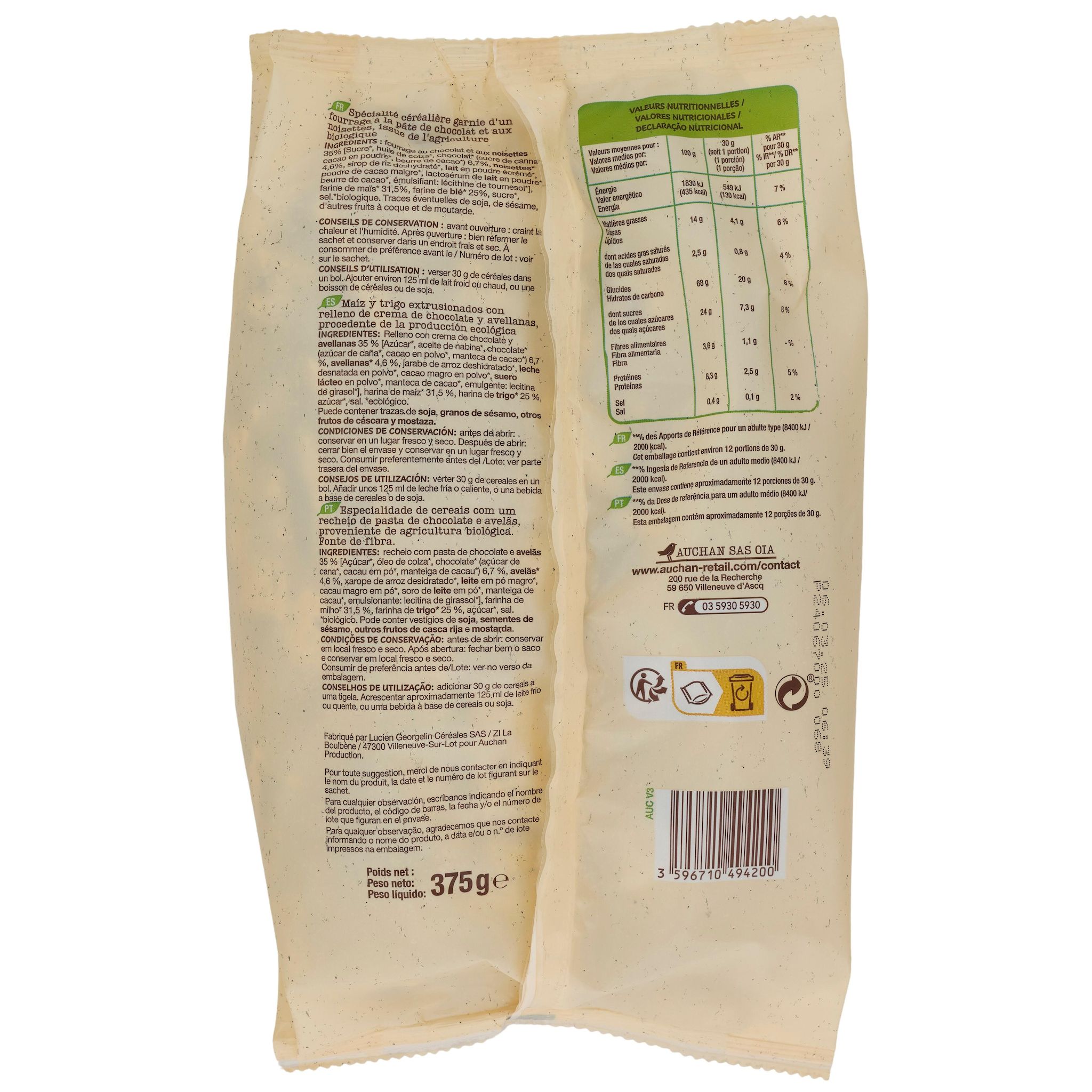 Voir la diapositive 3 : AUCHAN BIO Céréales coussins fourrés chocolat noisette 375g