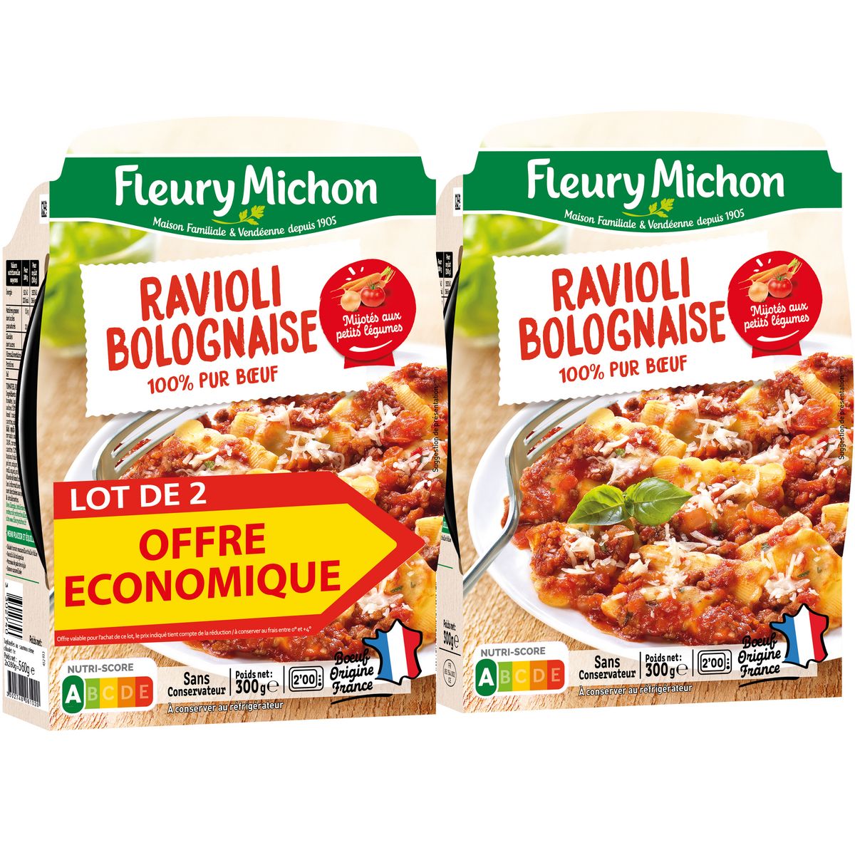 FLEURY MICHON Ravioli bolognaise 100% pur bœuf cuisiné aux petits légumes 2x300g