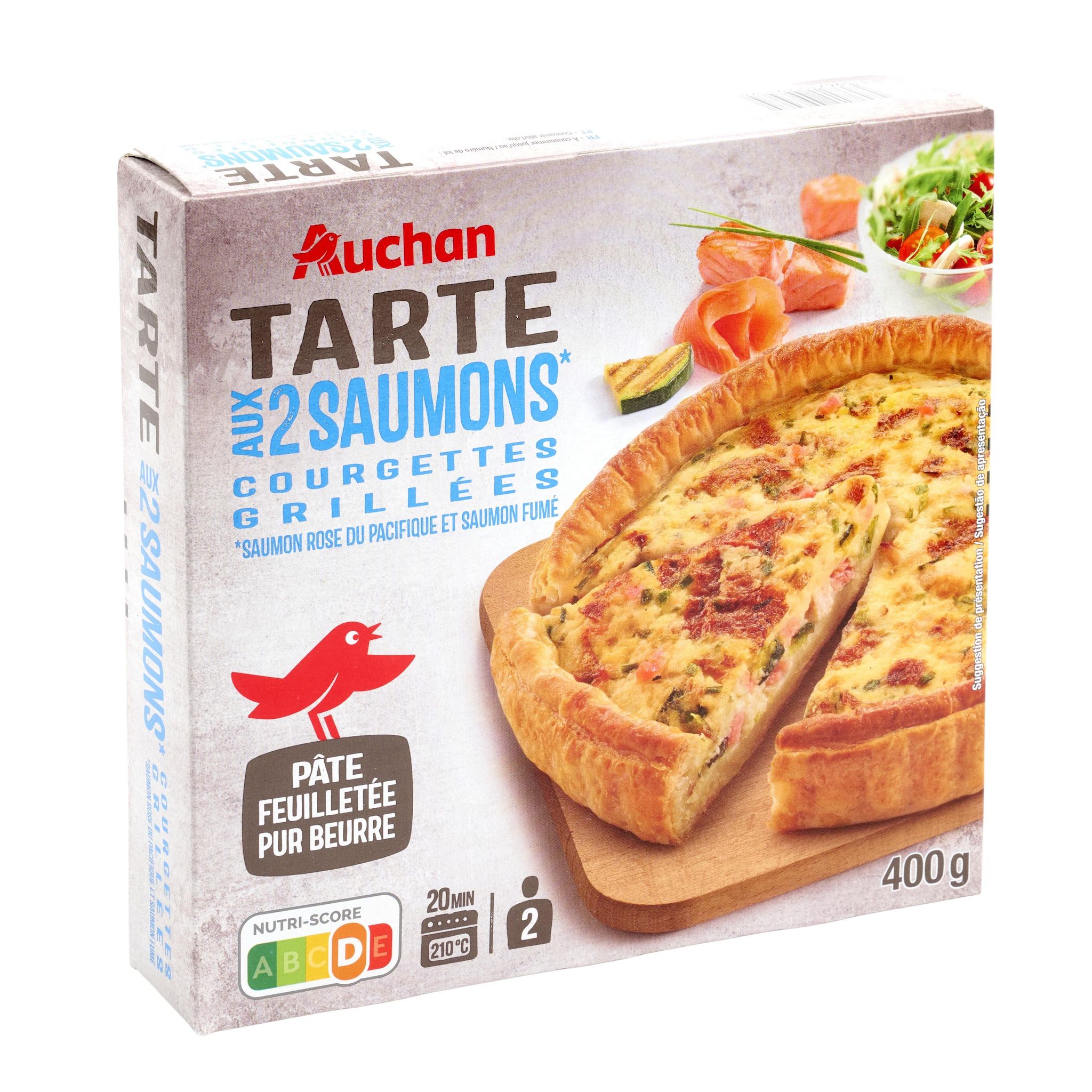 Voir la diapositive 2 : AUCHAN Tarte aux saumons et courgettes grillées 2 parts 400g