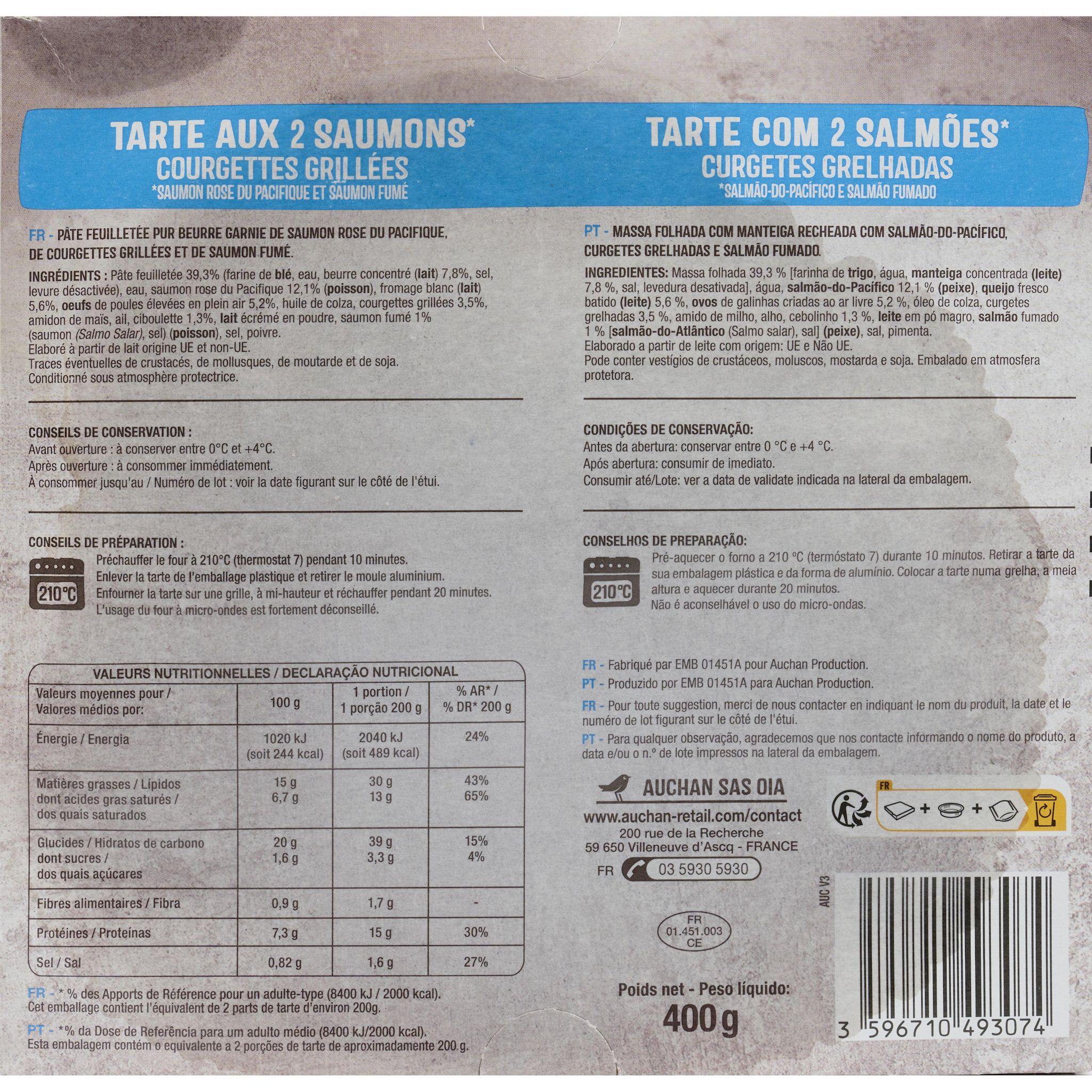 Voir la diapositive 3 : AUCHAN Tarte aux saumons et courgettes grillées 2 parts 400g