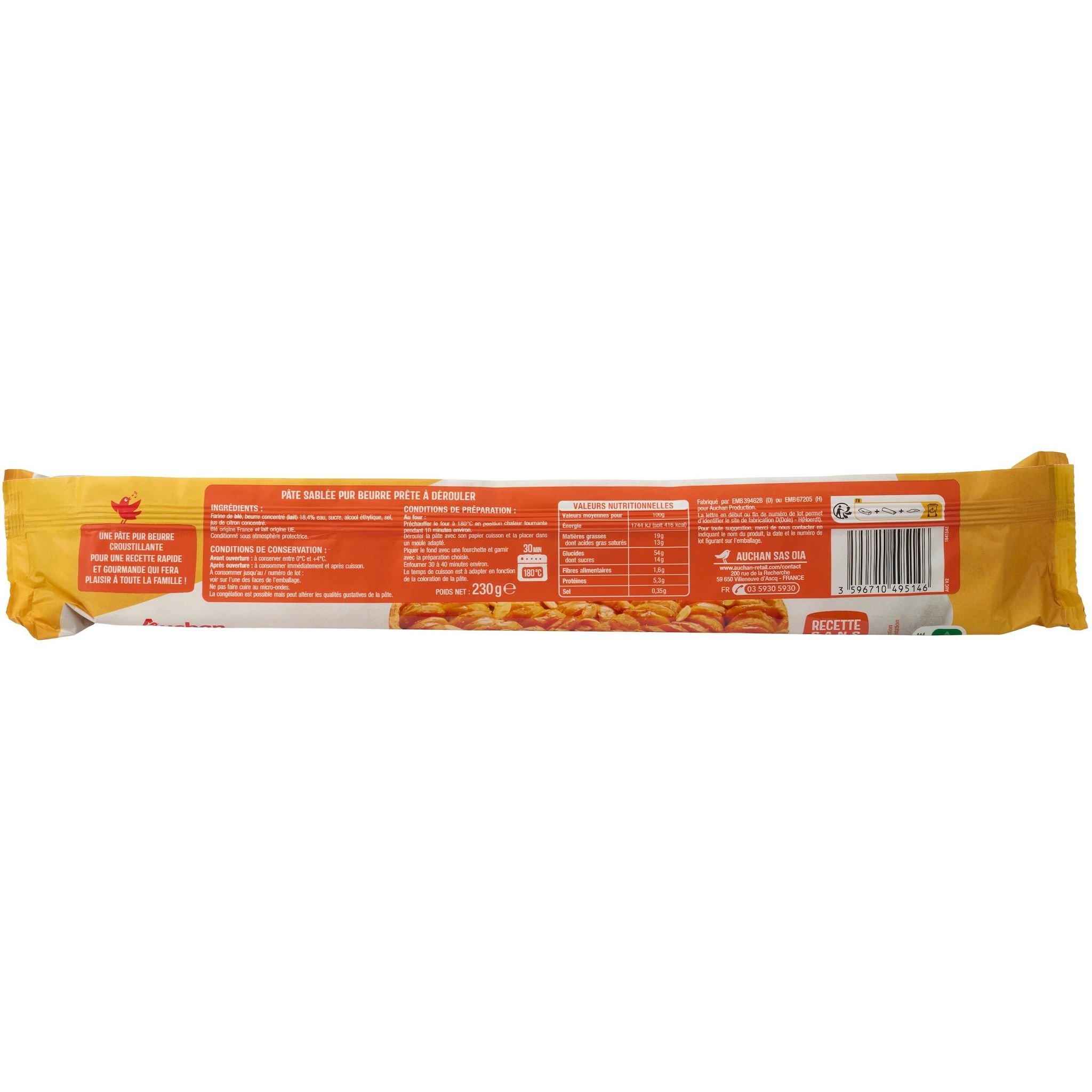 Voir la diapositive 3 : AUCHAN Pâte sablée pur beurre sans additif 230g
