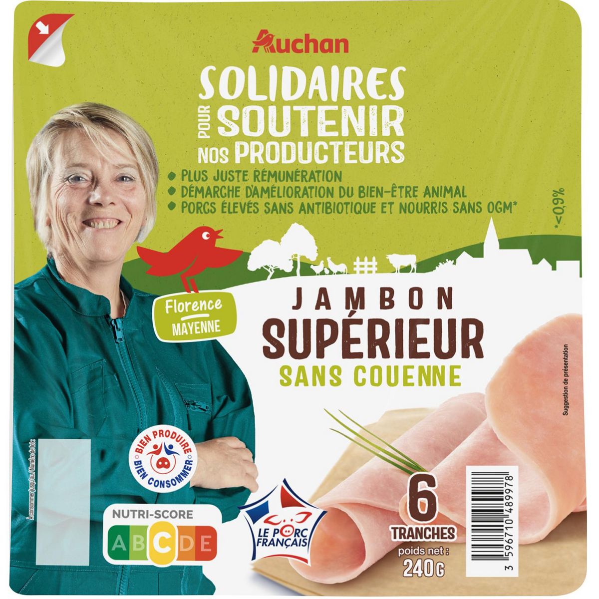 AUCHAN SOLIDAIRES Jambon supérieur 6 tranches 240g