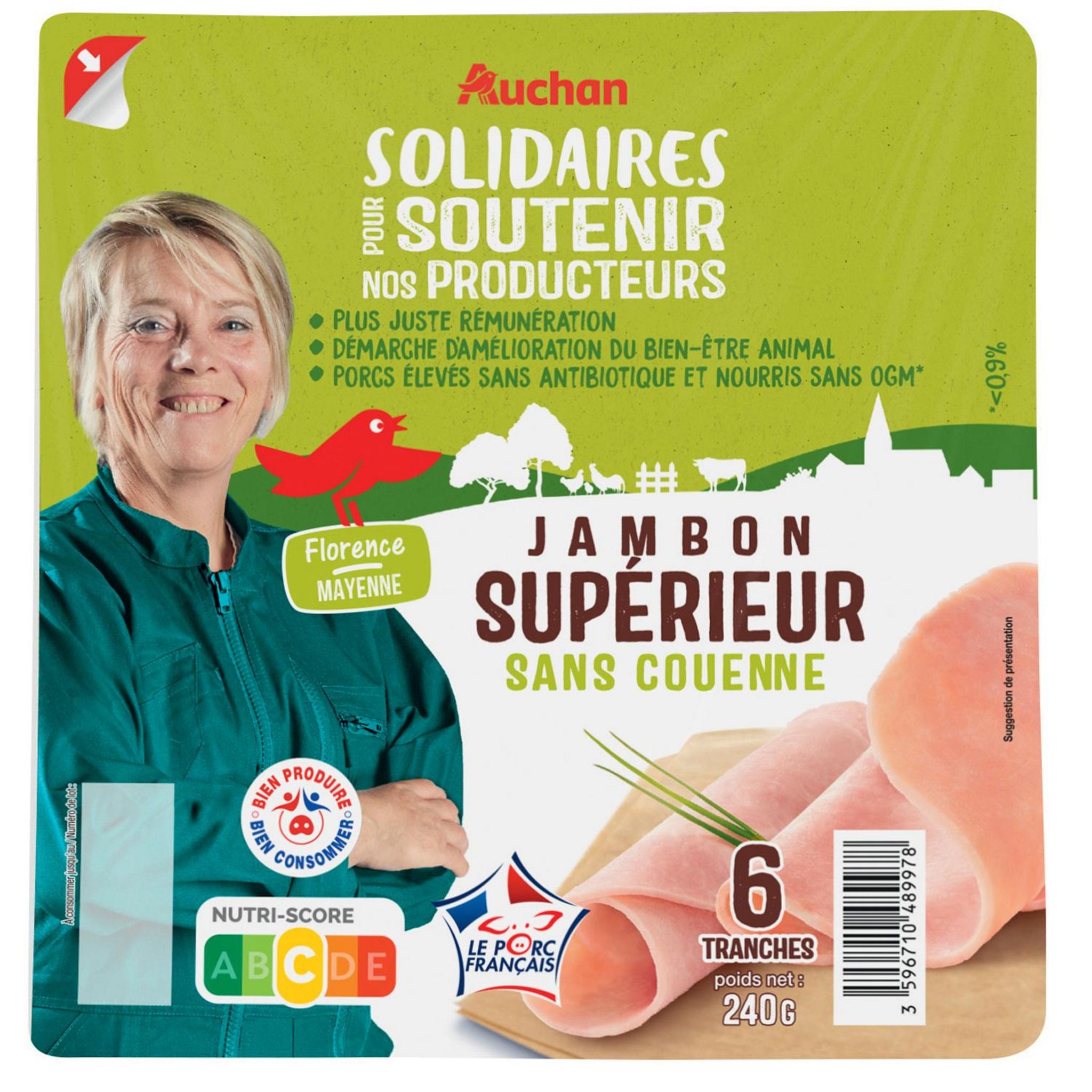 Voir la diapositive 2 : AUCHAN SOLIDAIRES Jambon supérieur 6 tranches 240g