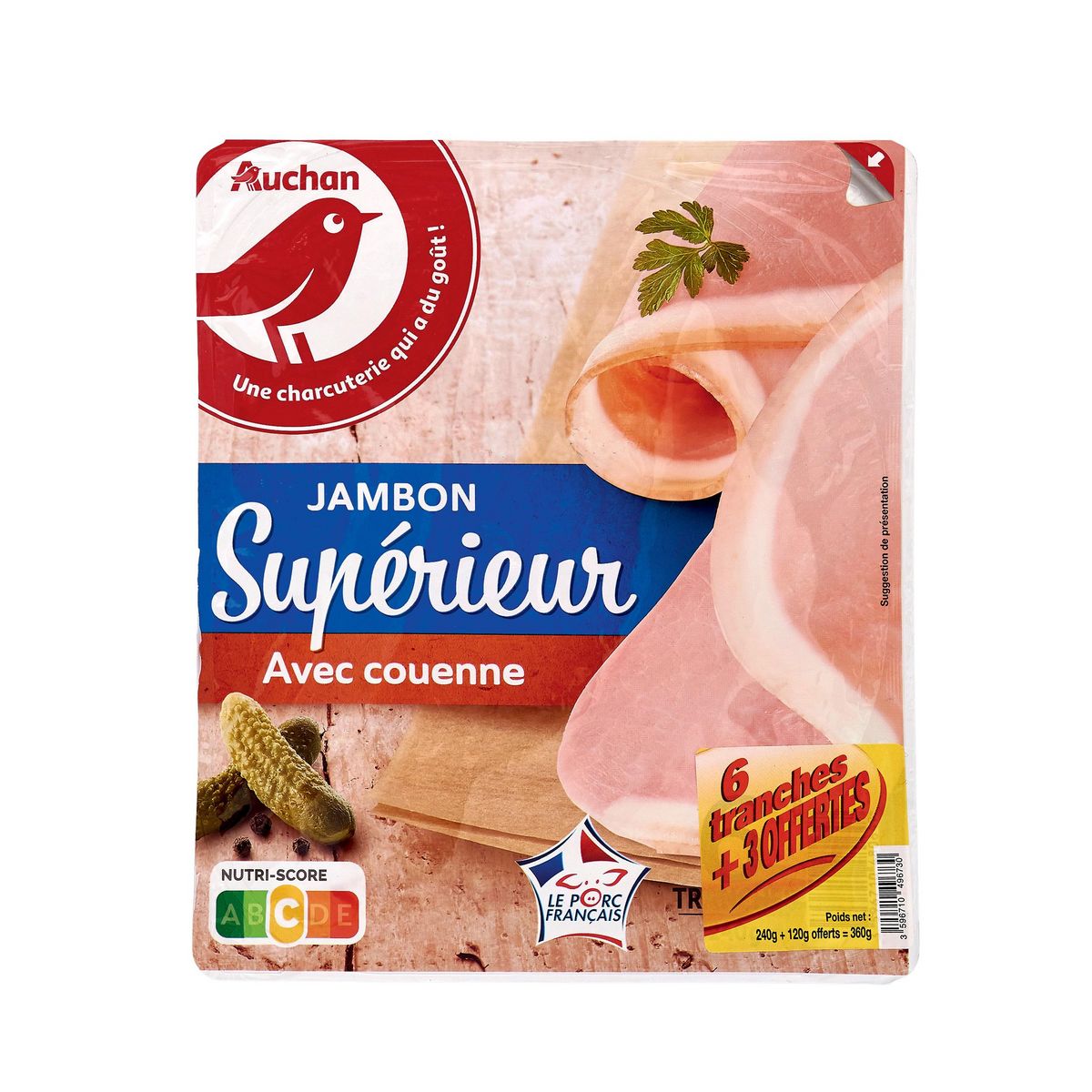 AUCHAN Jambon supérieur avec couenne porc français 6 tranches+3 offertes 360g