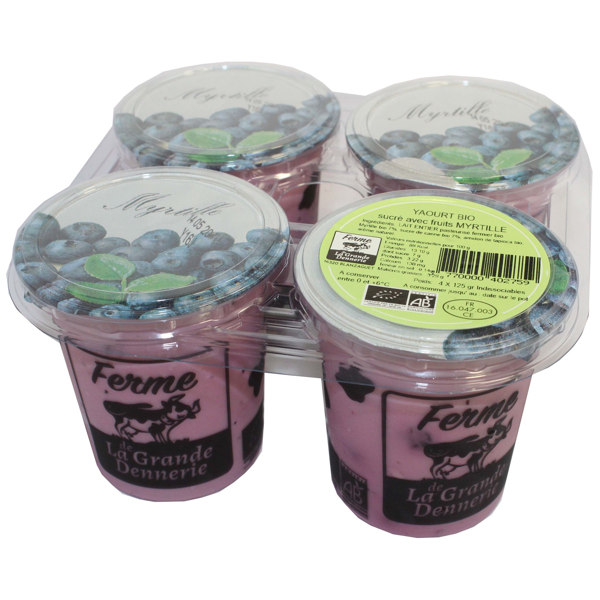 FERME DE LA GRANDE DENNERIE Yaourt bio sucré avec fruits myrtille 4x125g