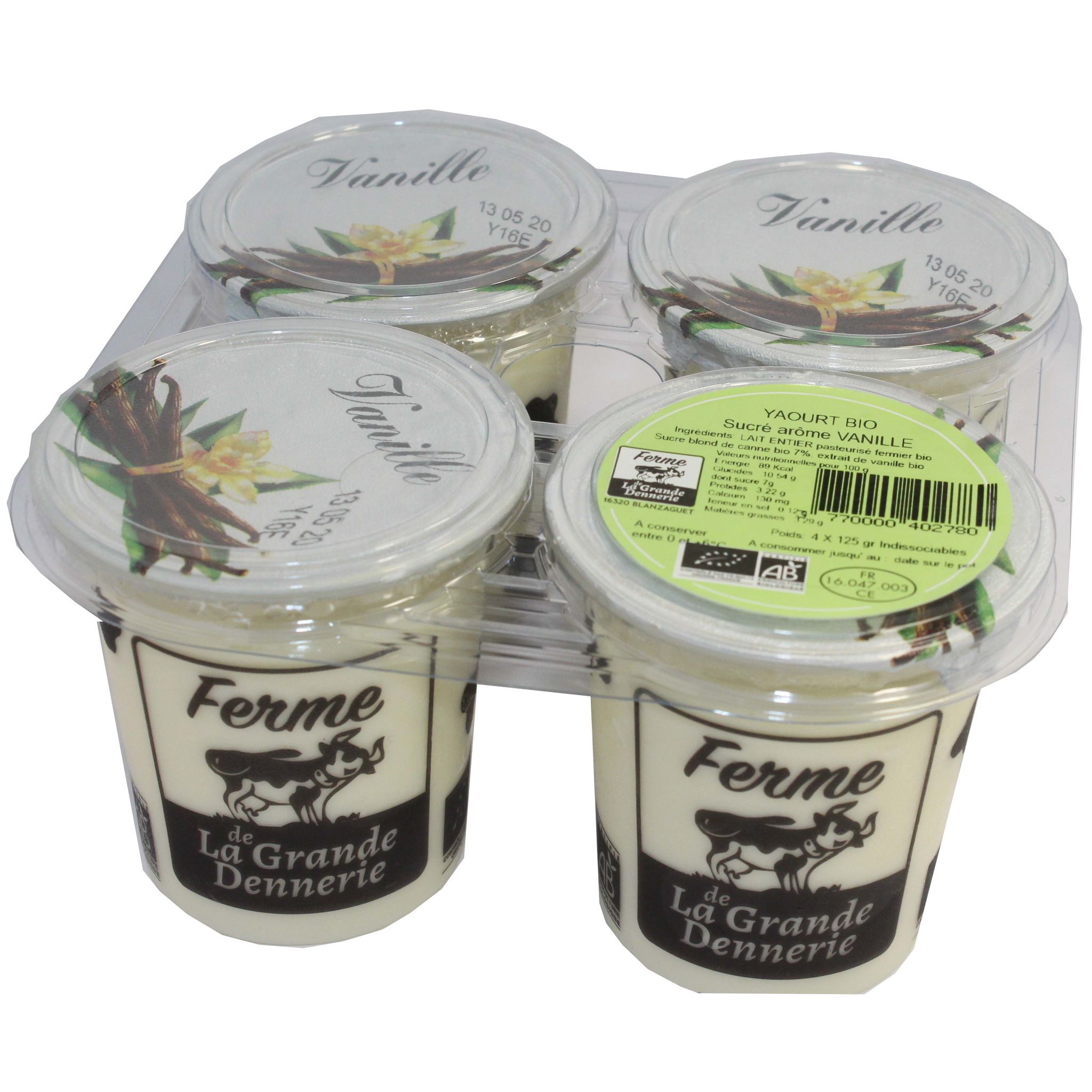 FERME DE LA GRANDE DENNERIE Yaourt bio sucré arôme vanille 4x125g