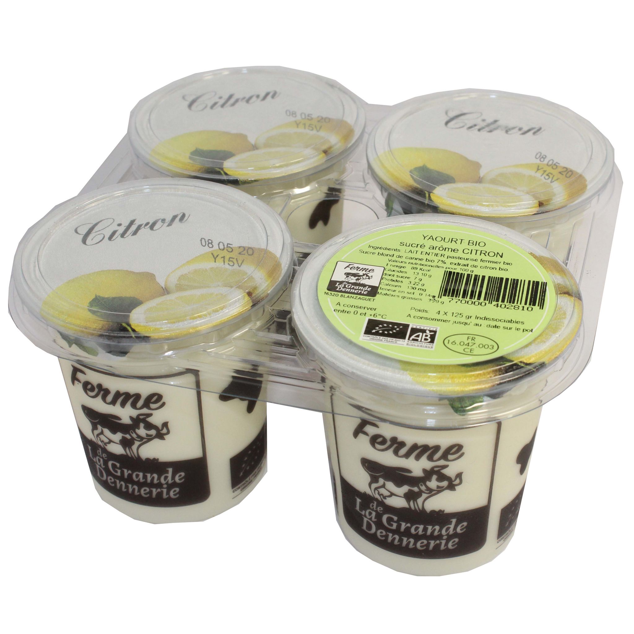 FERME DE LA GRANDE DENNERIE Yaourt bio sucré arôme citron 4x125g