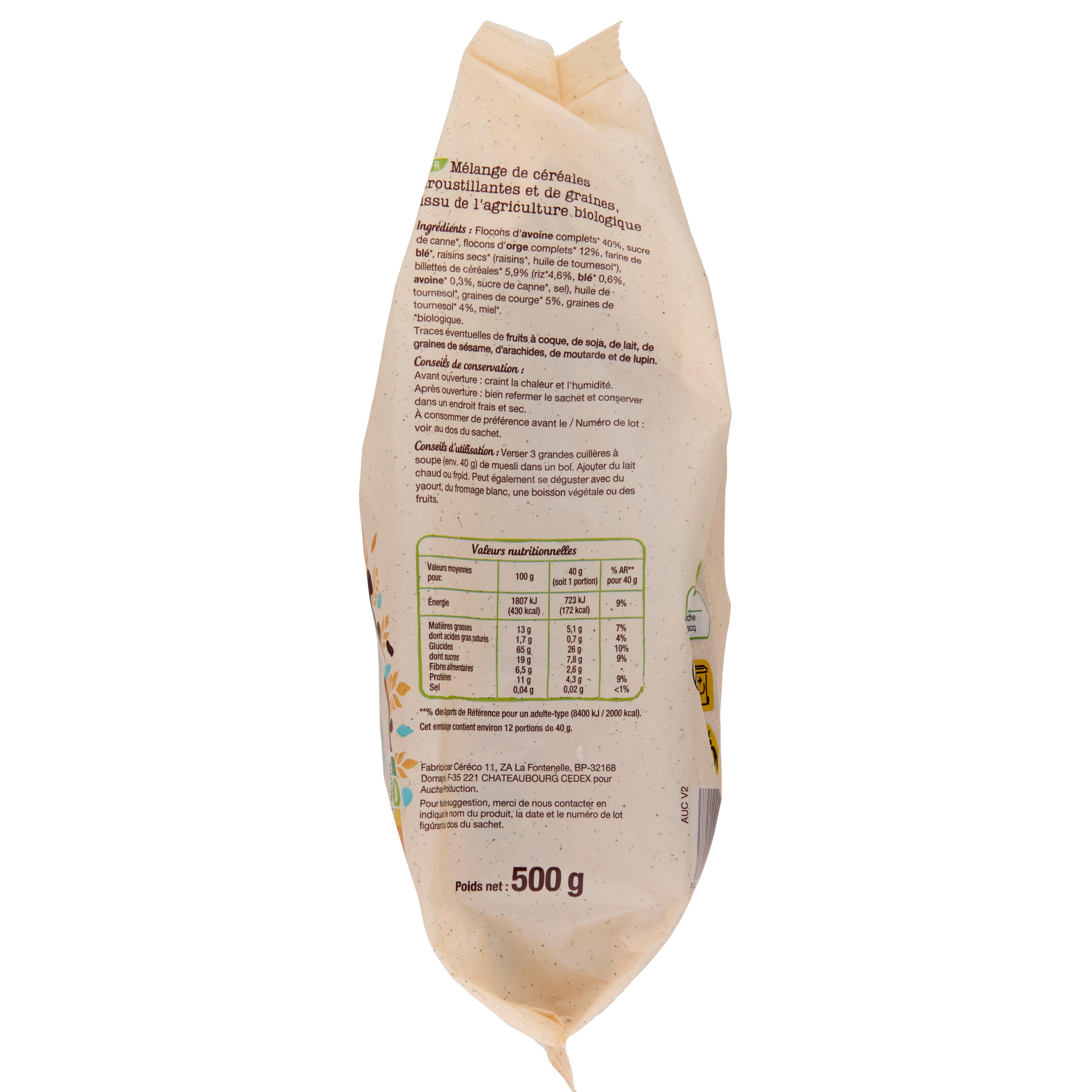 Voir la diapositive 3 : AUCHAN BIO Muesli de céréales croustillant aux graines de courge et tournesol 500g
