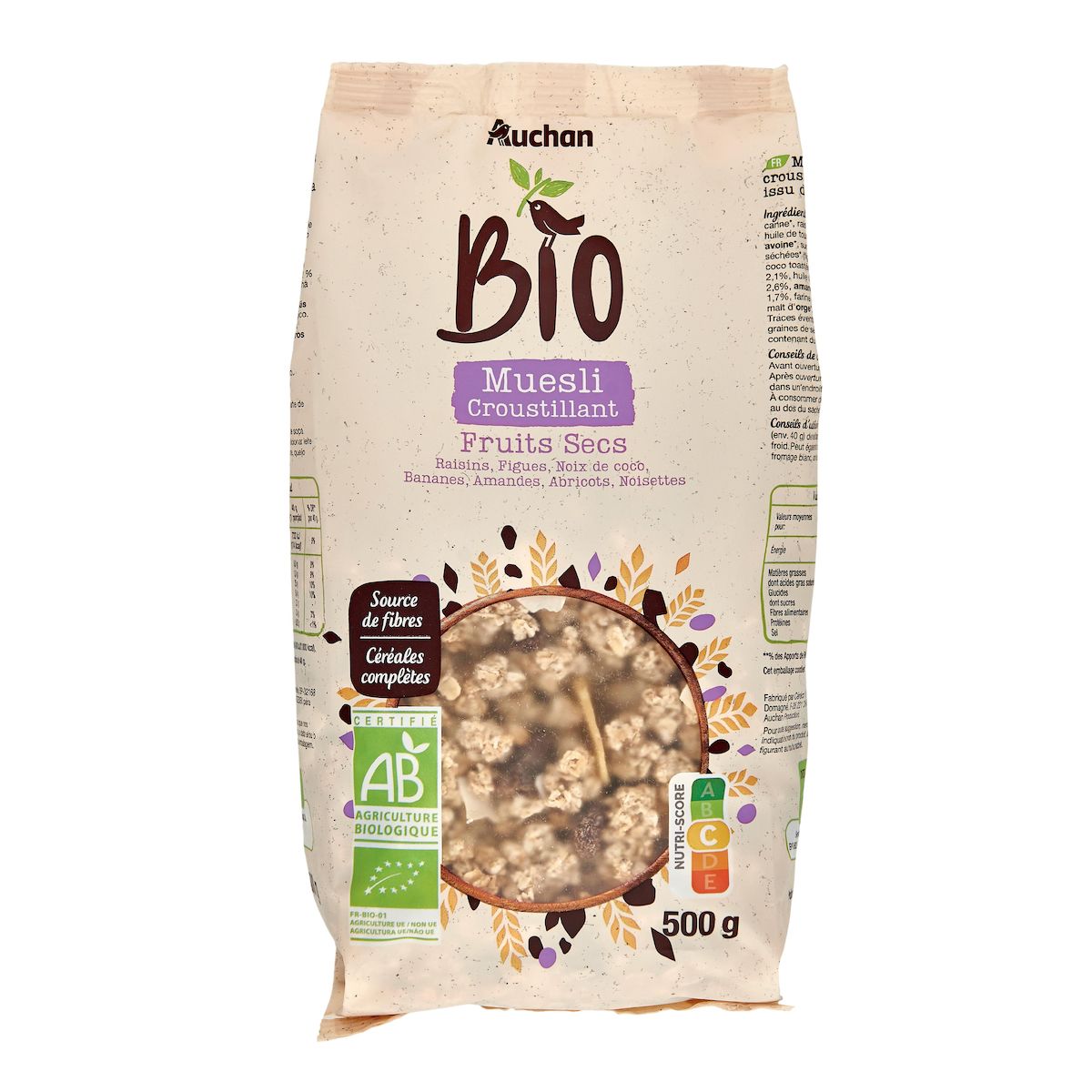 AUCHAN BIO Muesli de céréales croustillant aux fruits secs 500g