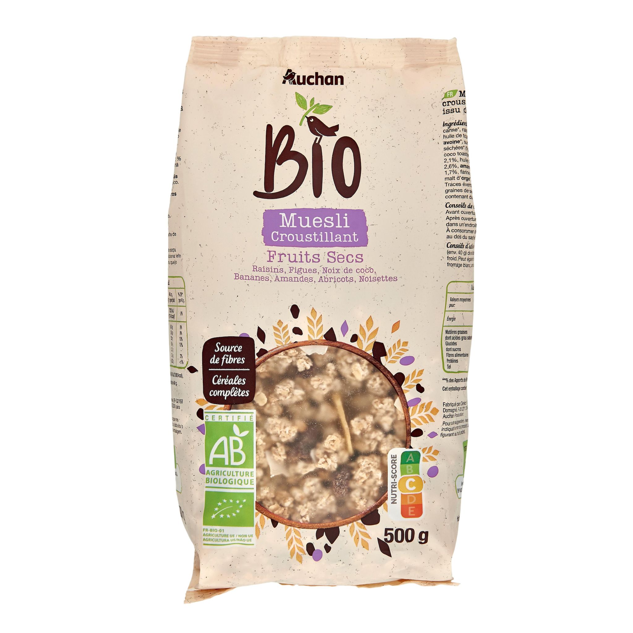 Voir la diapositive 3 : AUCHAN BIO Muesli de céréales croustillant aux fruits secs 500g