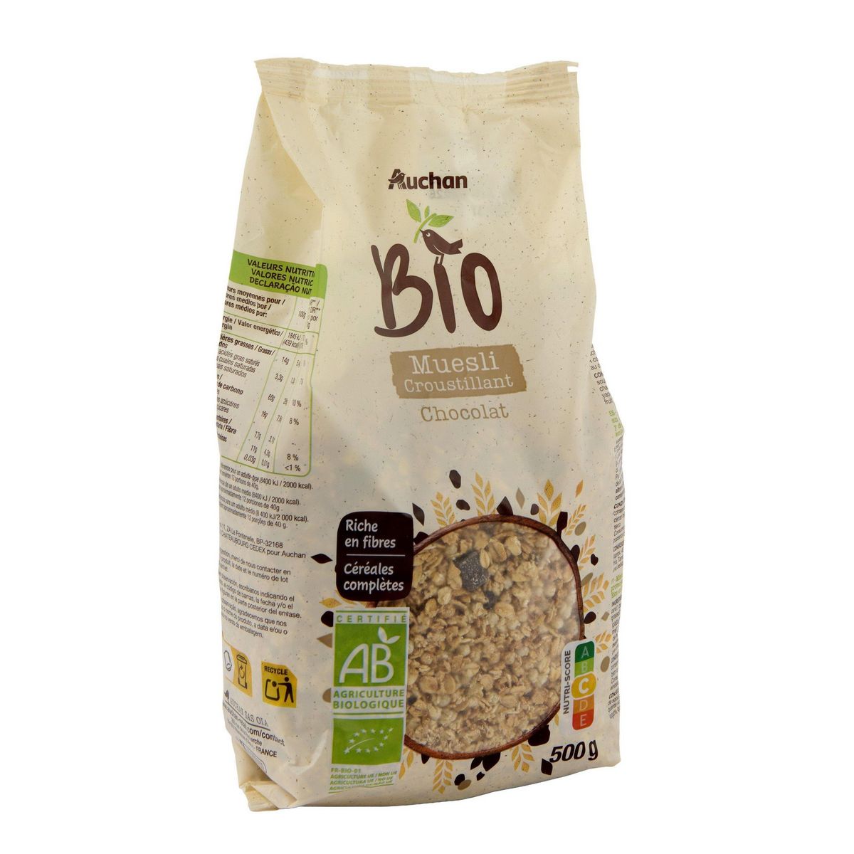 AUCHAN BIO Muesli croustillant aux copeaux de chocolat 500g