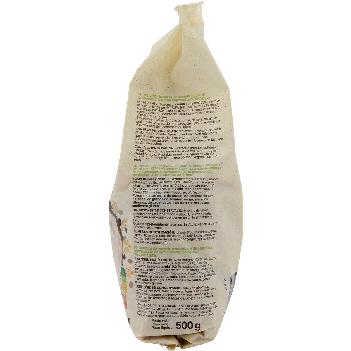 AUCHAN BIO Muesli croustillant aux copeaux de chocolat 500g