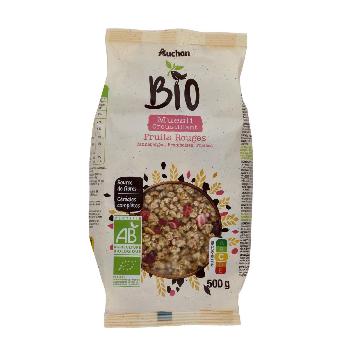 AUCHAN BIO Muesli croustillant avec des fruits rouges canneberges framboises et fraises 500g