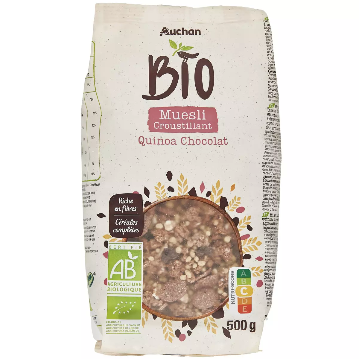 AUCHAN BIO Muesli de céréales bio quinoa et chocolat 500g