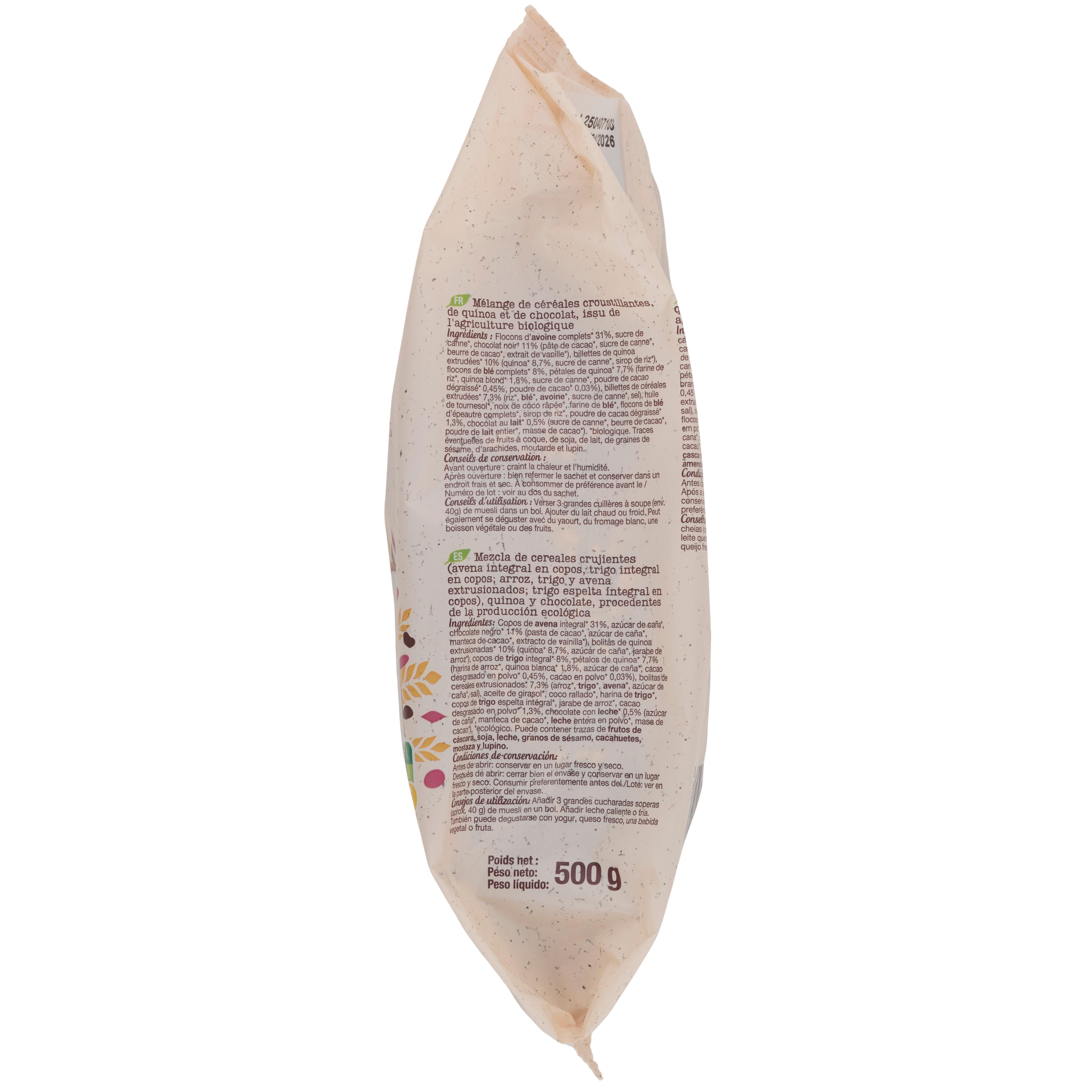 Voir la diapositive 2 : AUCHAN BIO Muesli de céréales bio quinoa et chocolat 500g