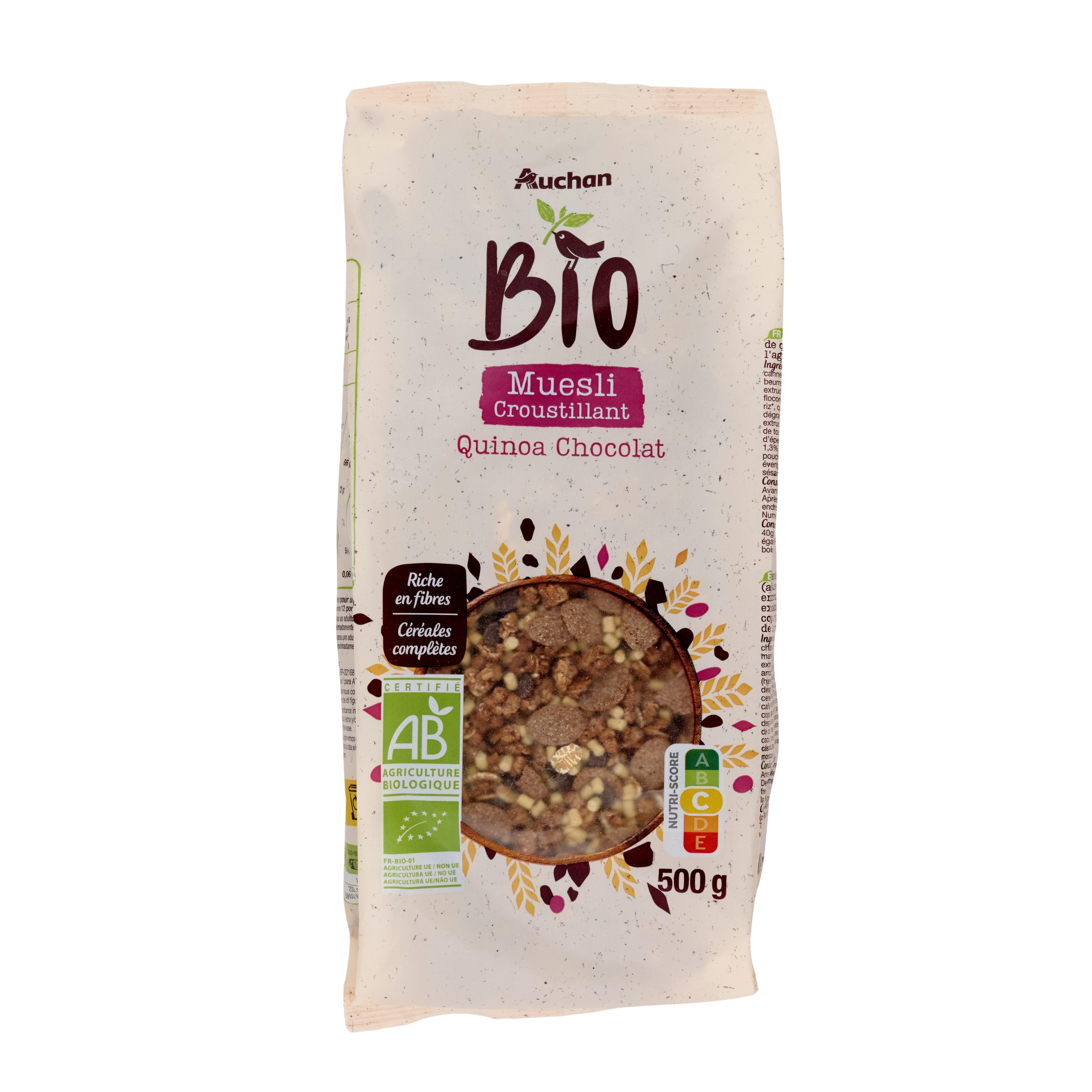 Voir la diapositive 3 : AUCHAN BIO Muesli de céréales bio quinoa et chocolat 500g