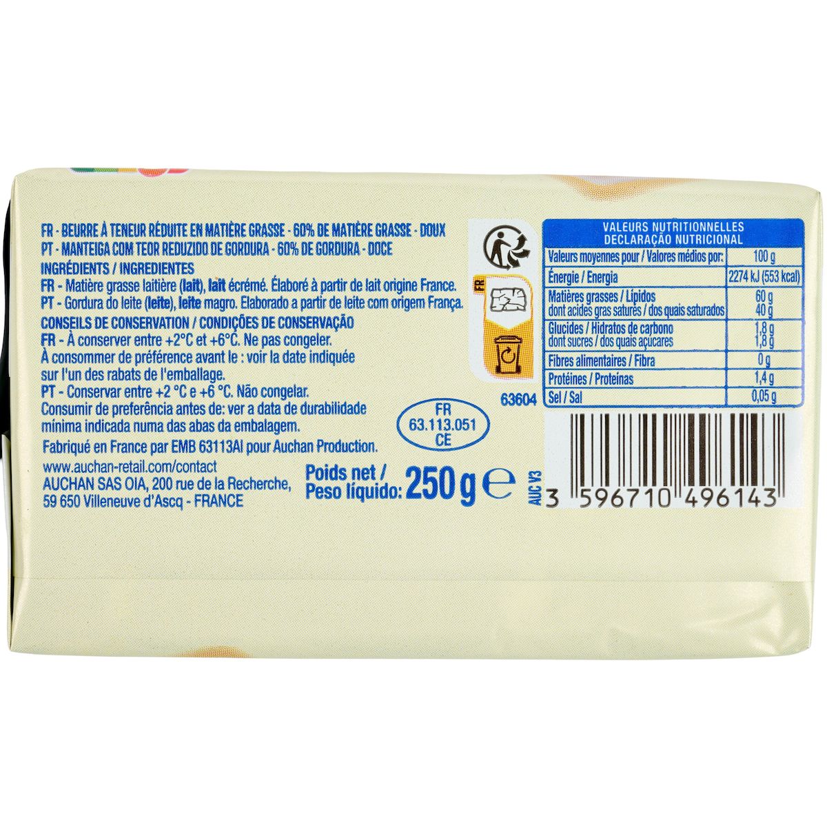 AUCHAN Beurre doux allégé 60% MG 250g