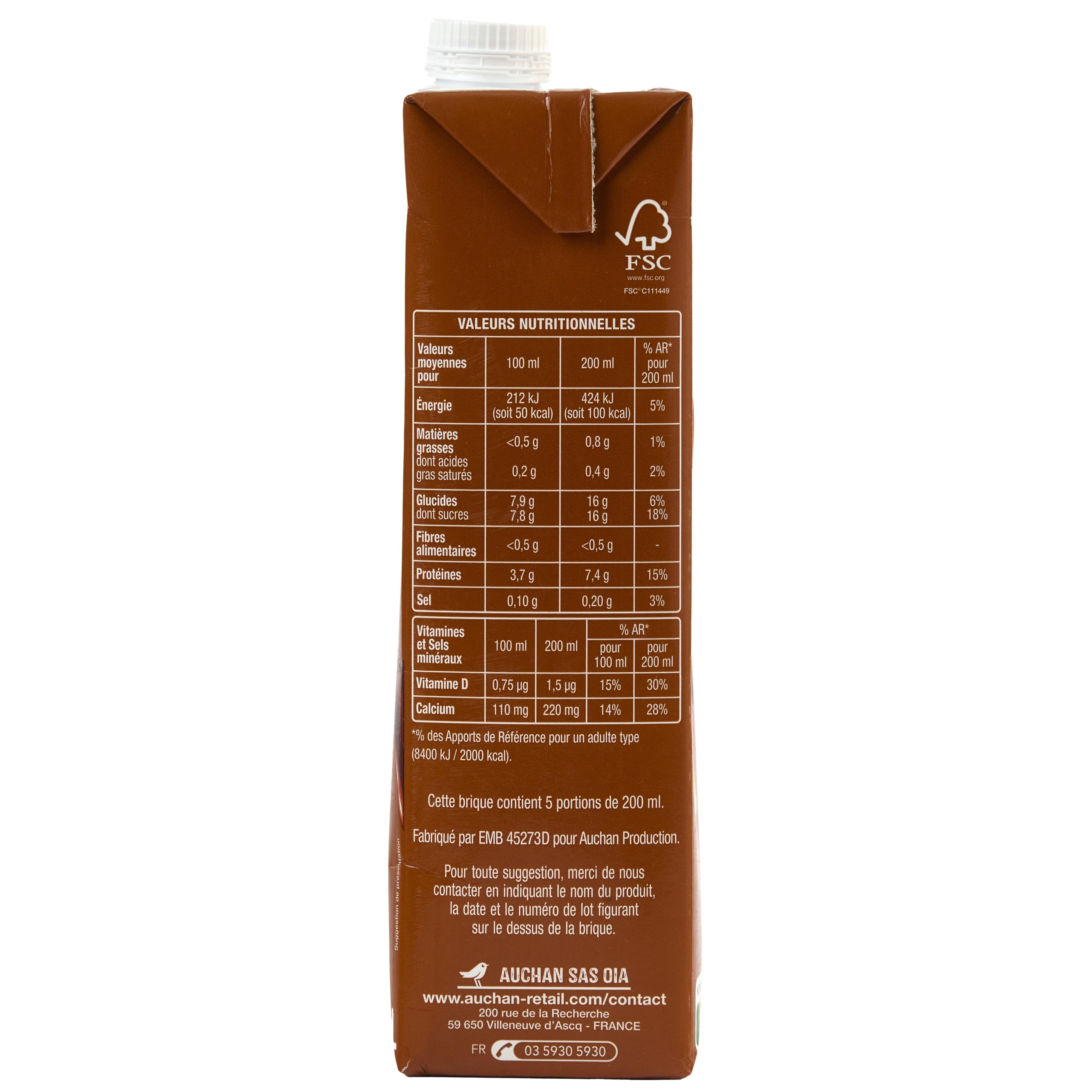 Voir la diapositive 4 : AUCHAN Boisson lactée au chocolat 1l